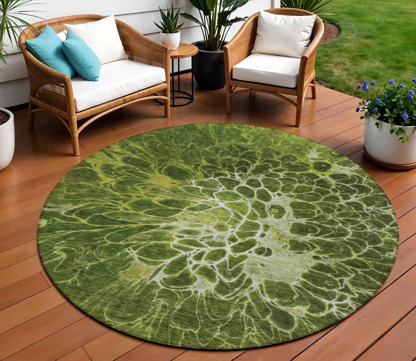 8' Olive Green And Sage Round Abstract Washable Indoor Outdoor Area Rug