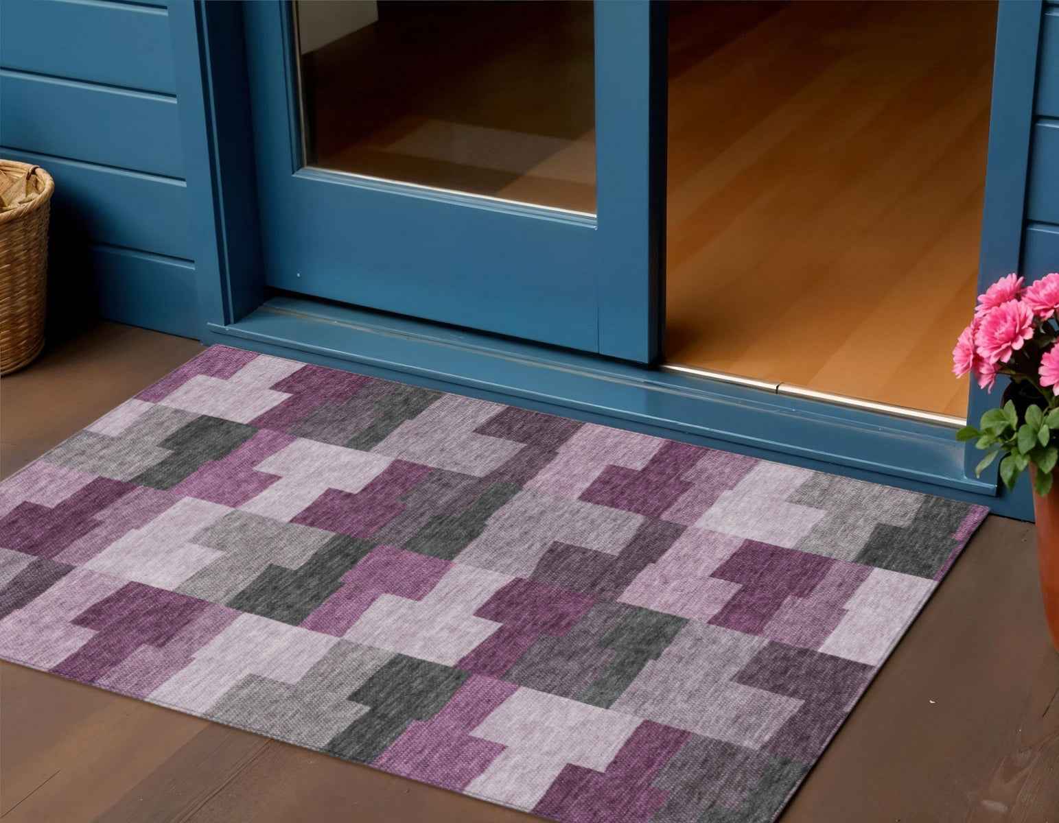 3' X 5' Merlot Mauve And Charcoal Geometric Washable Indoor Outdoor Area Rug