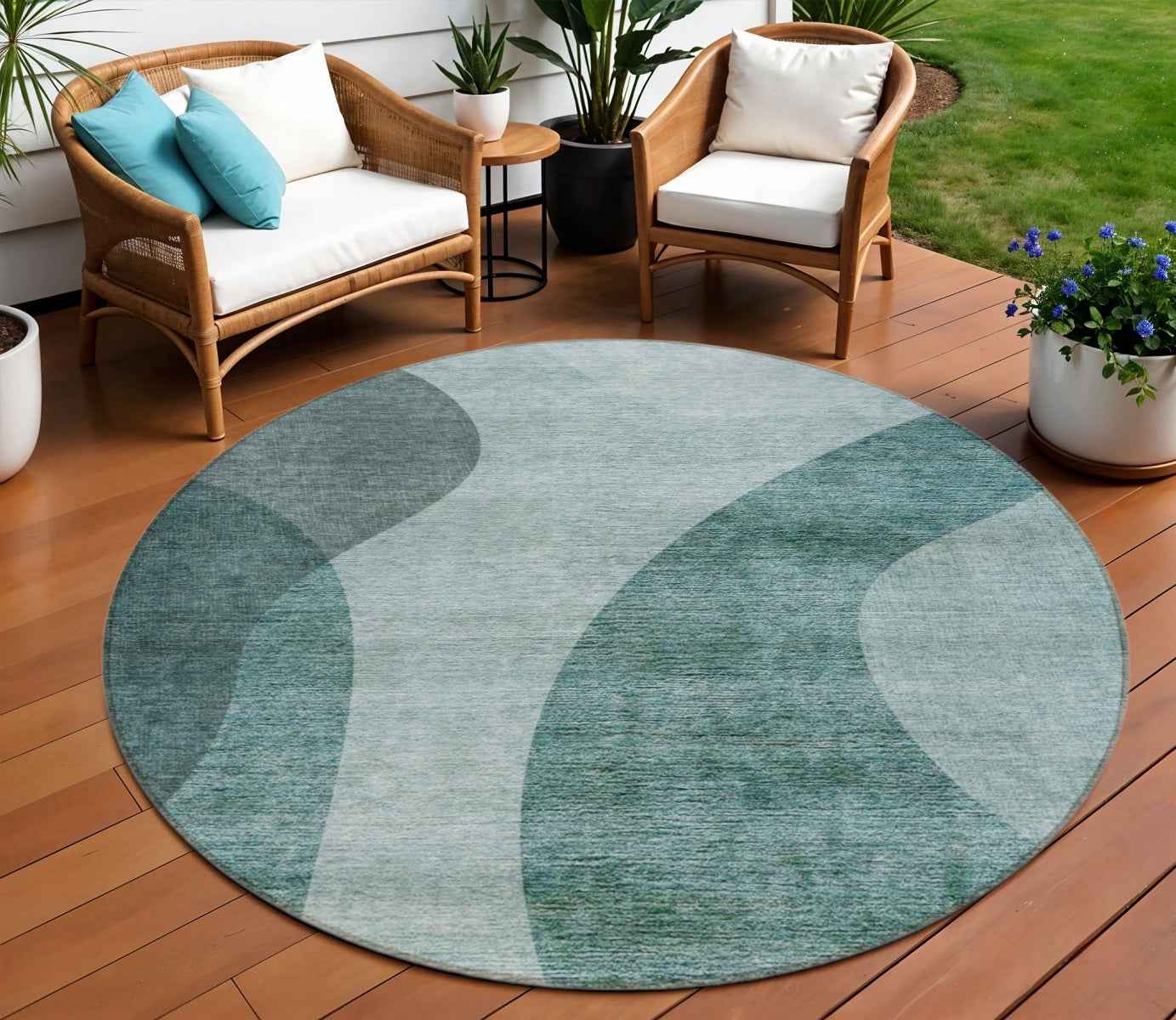 8' Green And Sage Round Abstract Washable Indoor Outdoor Area Rug