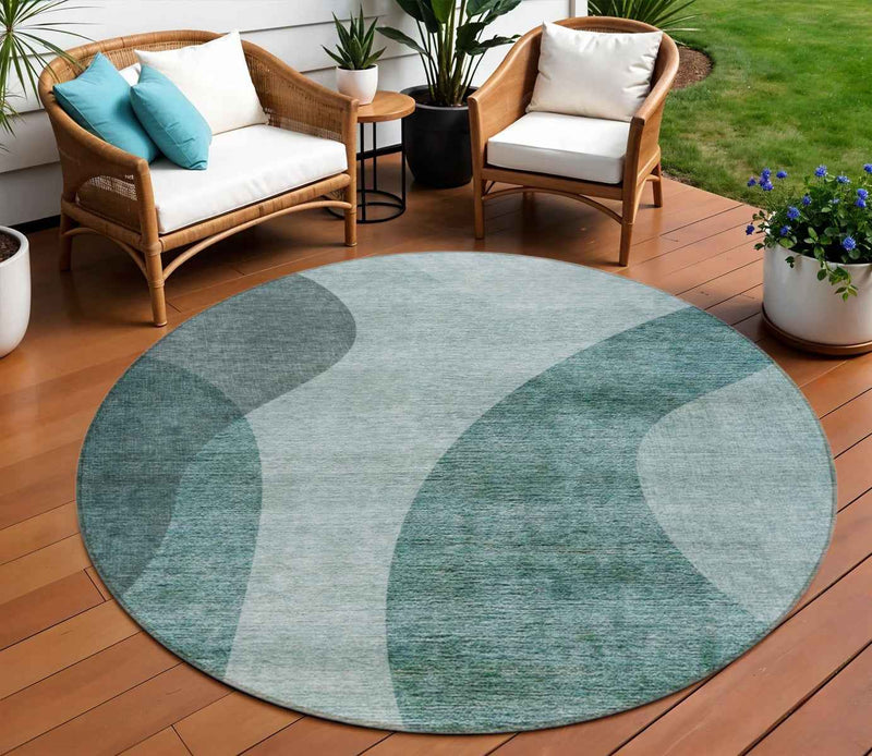 8' Green And Sage Round Abstract Washable Indoor Outdoor Area Rug