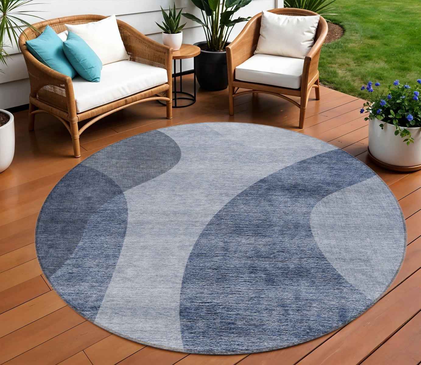 8' Denim Blue And Sky Blue Round Abstract Washable Indoor Outdoor Area Rug