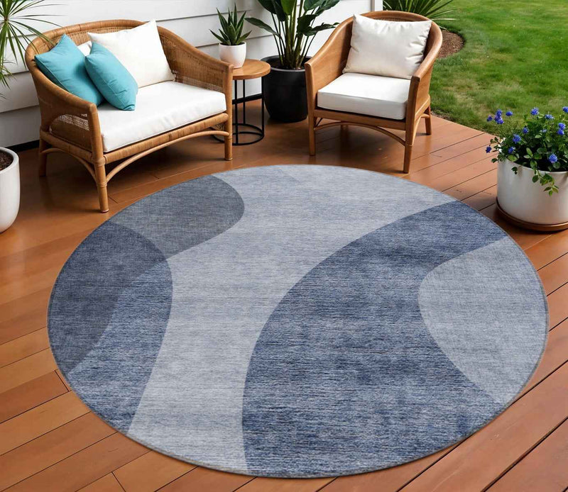 8' Denim Blue And Sky Blue Round Abstract Washable Indoor Outdoor Area Rug