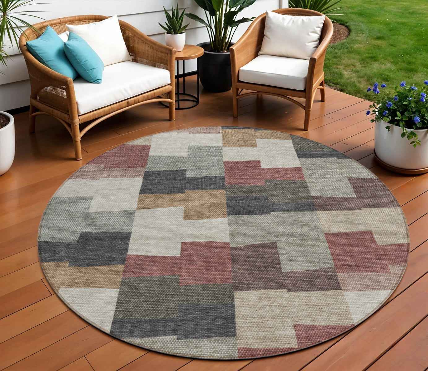 8' Orange Copper And Charcoal Round Geometric Washable Indoor Outdoor Area Rug