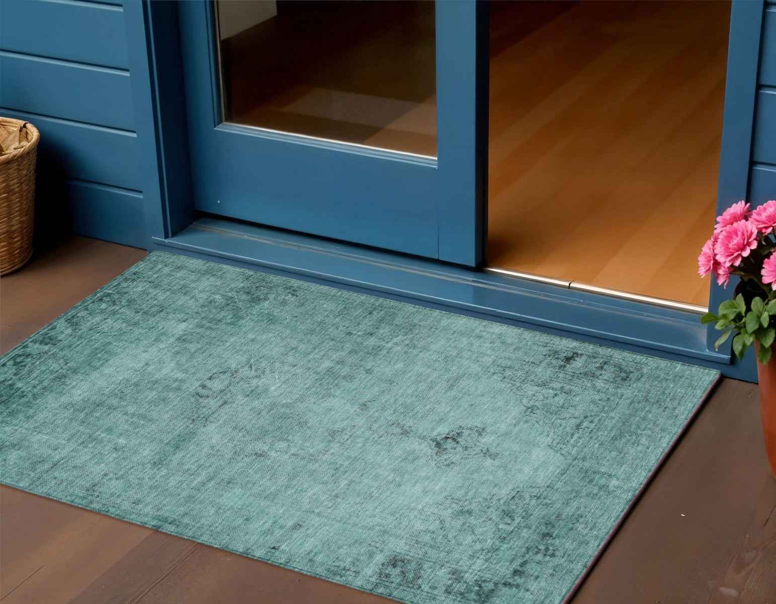 3' X 5' Teal Blue Turquoise And Charcoal Oriental Washable Indoor Outdoor Area Rug