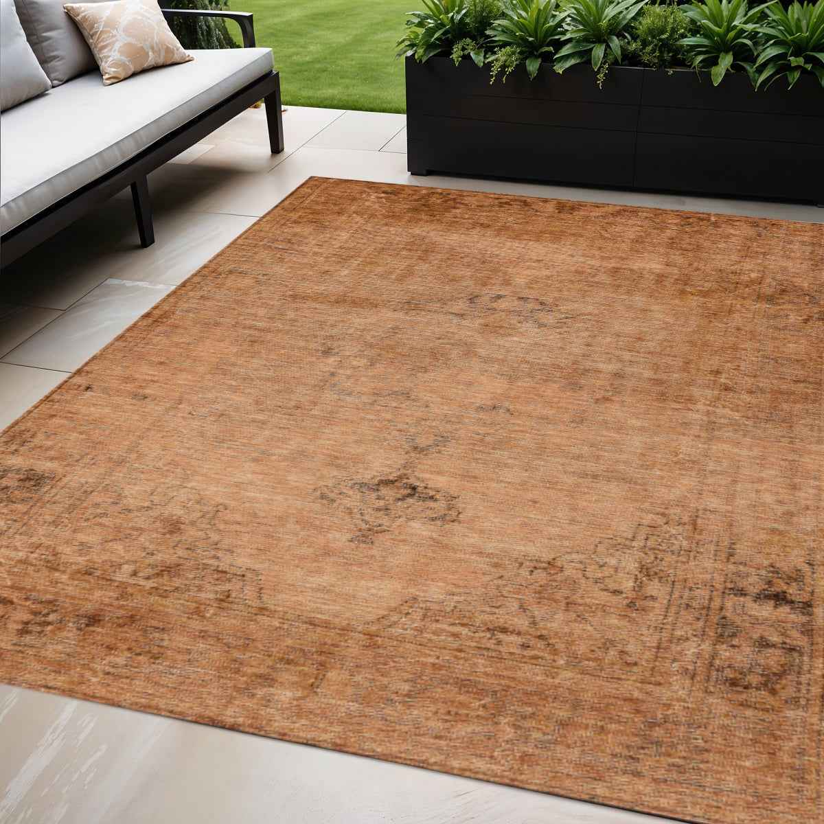 5' X 8' Copper Orange And Brown Oriental Washable Indoor Outdoor Area Rug