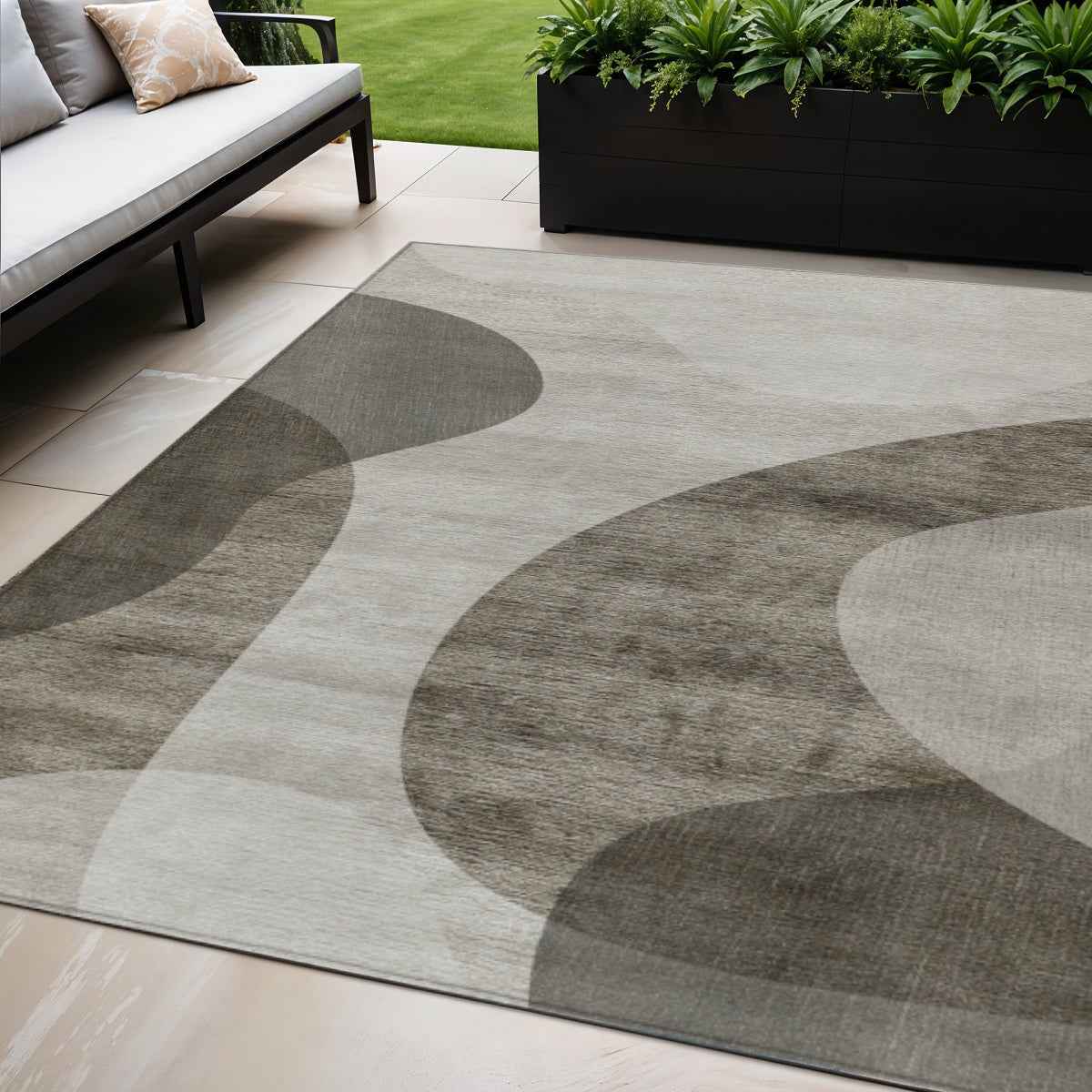 5' X 8' Taupe Beige And Chocolate Abstract Washable Indoor Outdoor Area Rug