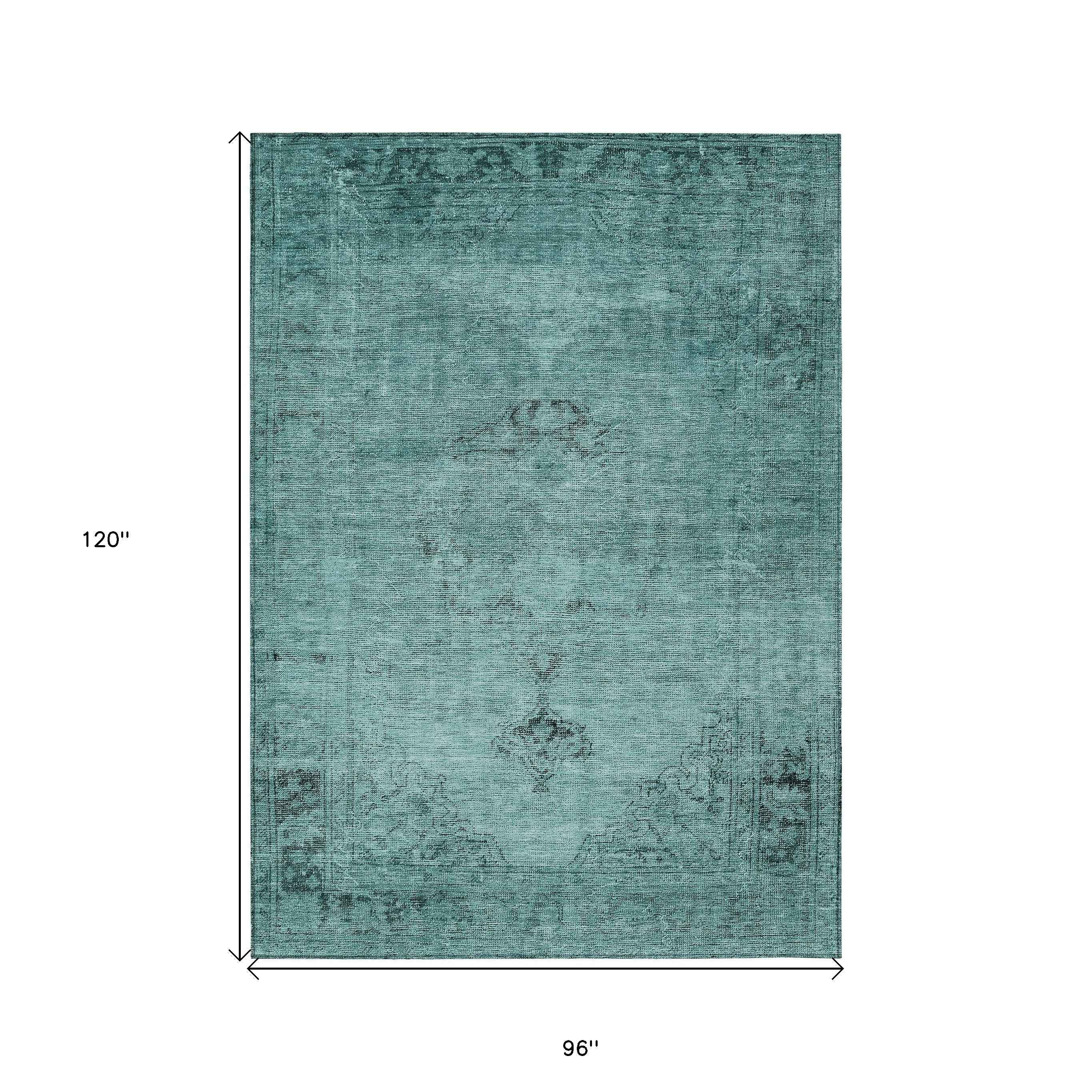 8' X 10' Teal Blue Turquoise And Charcoal Oriental Washable Indoor Outdoor Area Rug