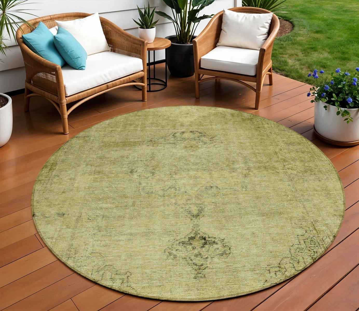 8' Khaki Brown And Taupe Round Oriental Washable Indoor Outdoor Area Rug