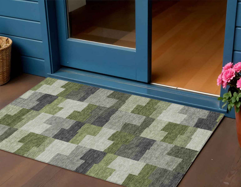 3' X 5' Olive Green And Artichoke Green Geometric Washable Indoor Outdoor Area Rug