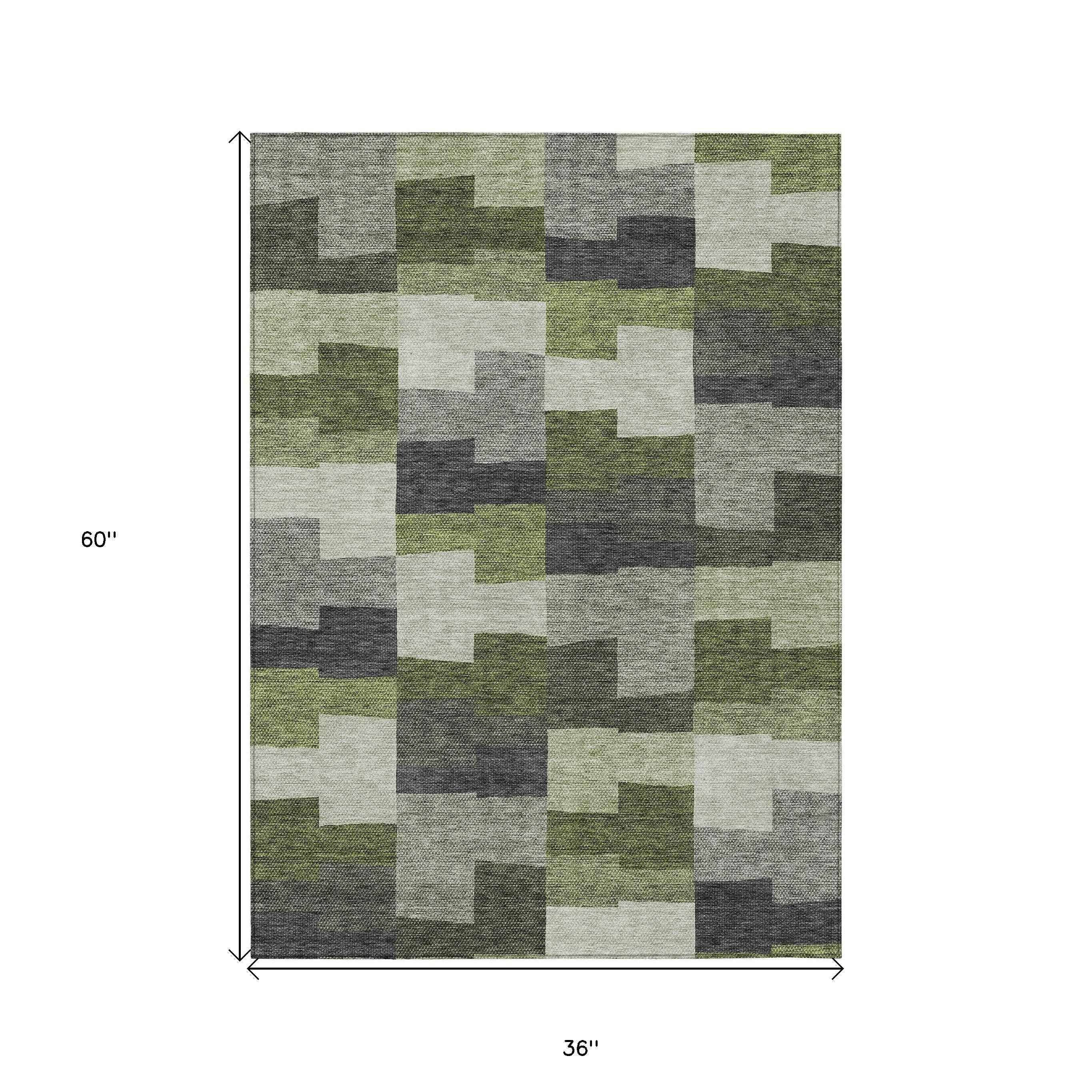 3' X 5' Olive Green And Artichoke Green Geometric Washable Indoor Outdoor Area Rug