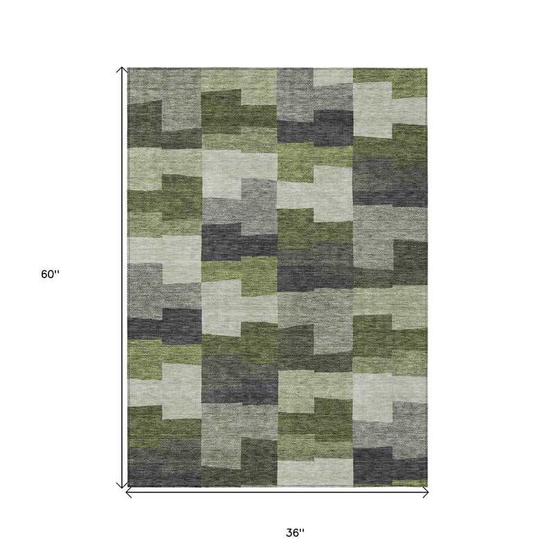 3' X 5' Olive Green And Artichoke Green Geometric Washable Indoor Outdoor Area Rug