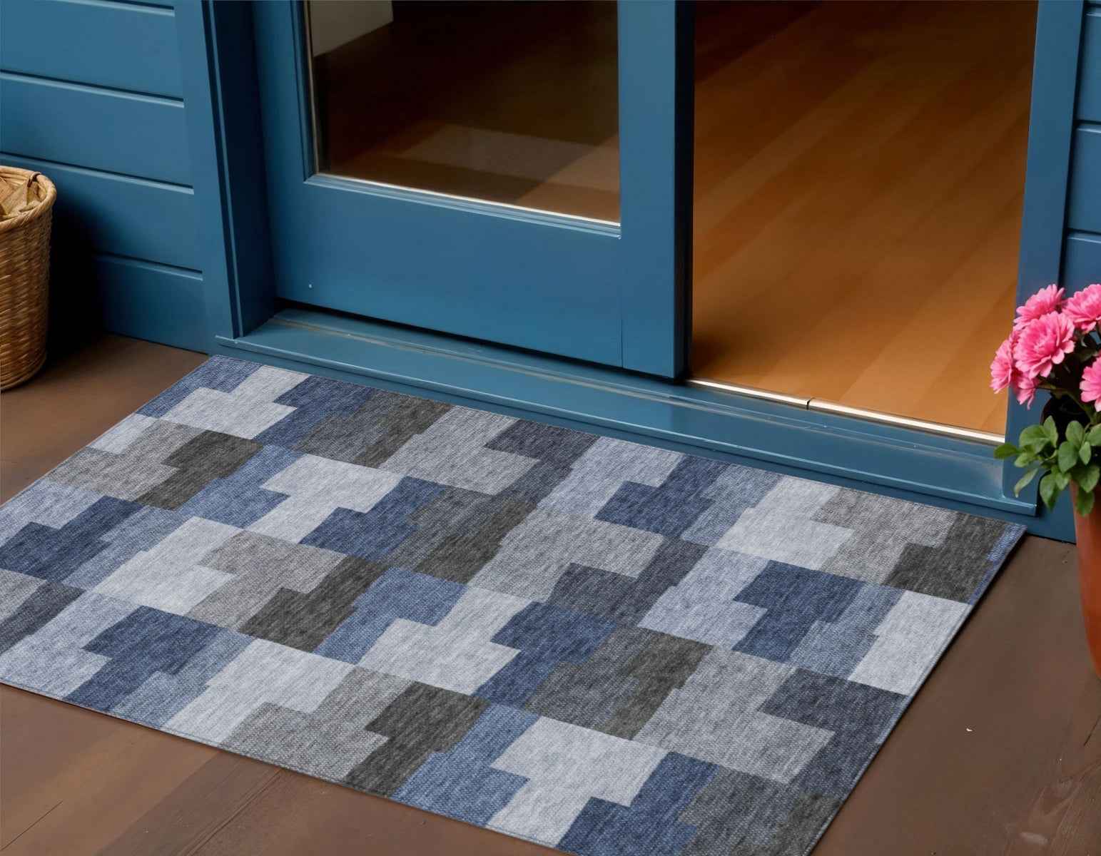 3' X 5' Navy Blue And Sky Blue Geometric Washable Indoor Outdoor Area Rug