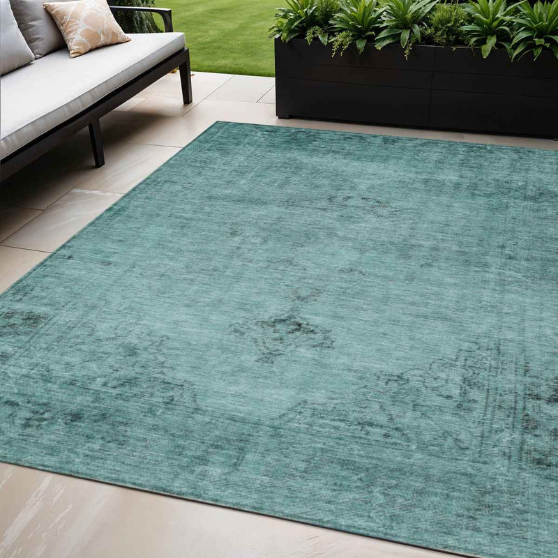5' X 8' Teal Blue Turquoise And Charcoal Oriental Washable Indoor Outdoor Area Rug