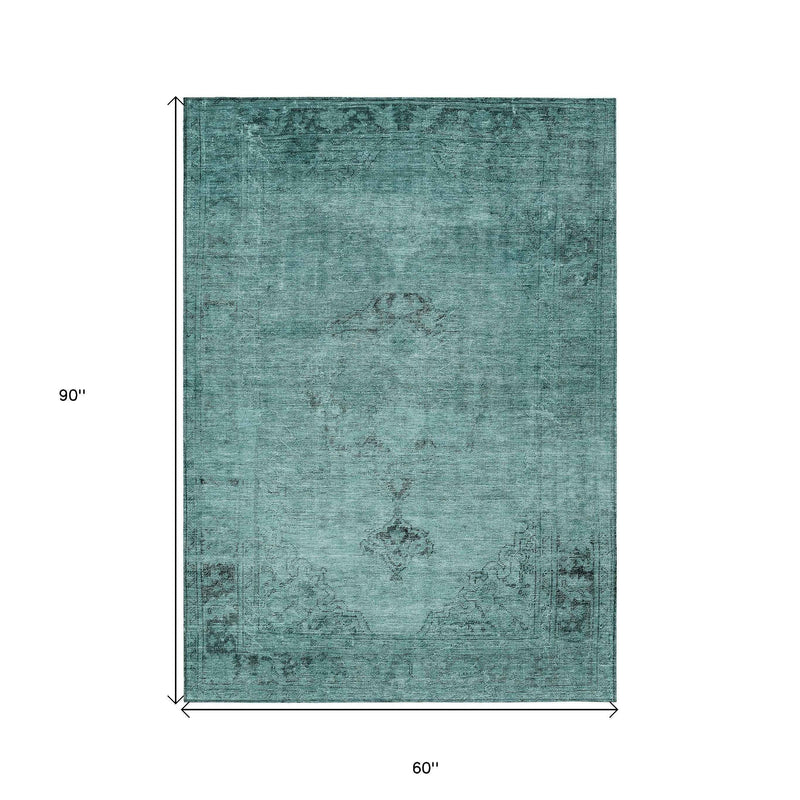 5' X 8' Teal Blue Turquoise And Charcoal Oriental Washable Indoor Outdoor Area Rug