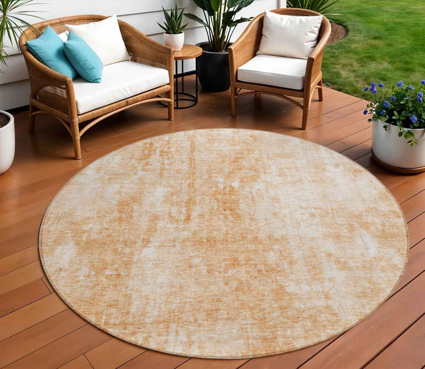 8' Terra Cotta Copper And Ivory Round Abstract Washable Indoor Outdoor Area Rug