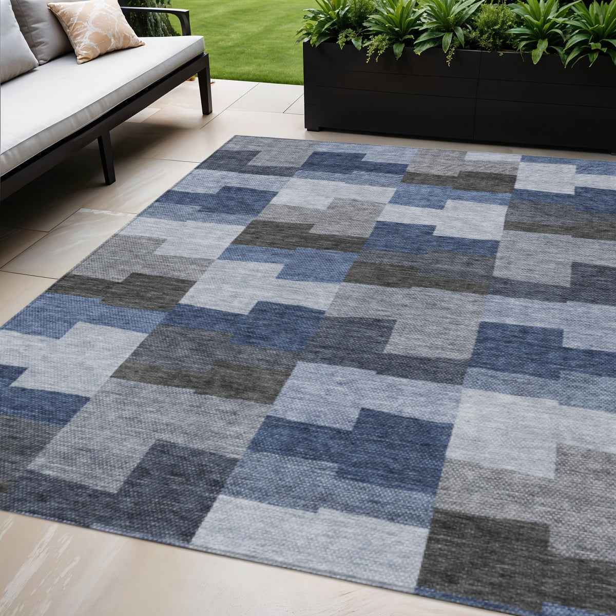 5' X 8' Navy Blue And Sky Blue Geometric Washable Indoor Outdoor Area Rug