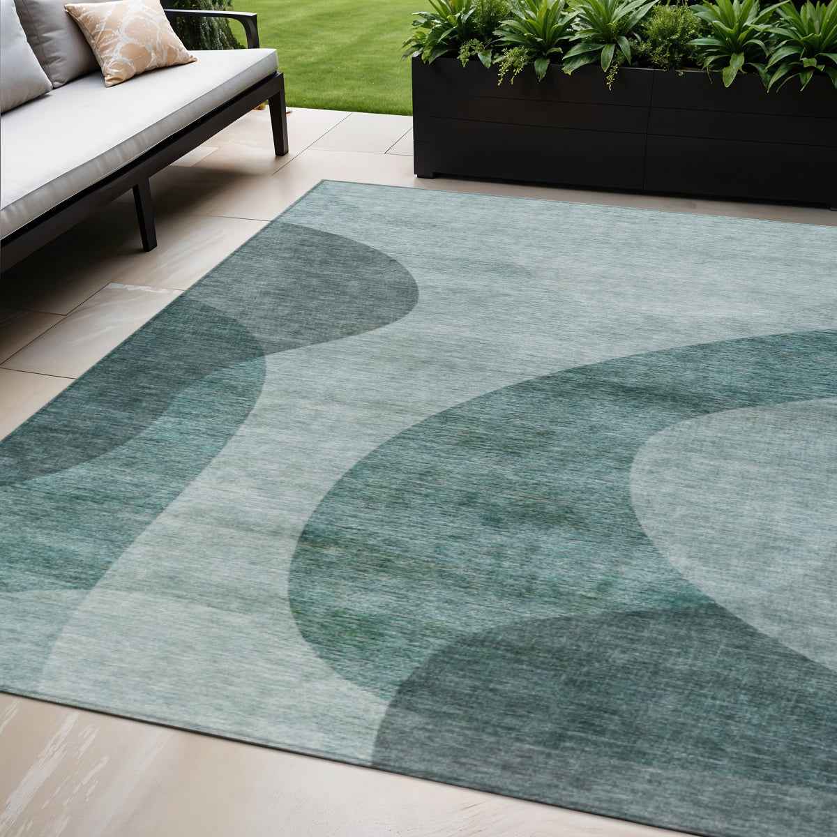 5' X 8' Green And Sage Abstract Washable Indoor Outdoor Area Rug
