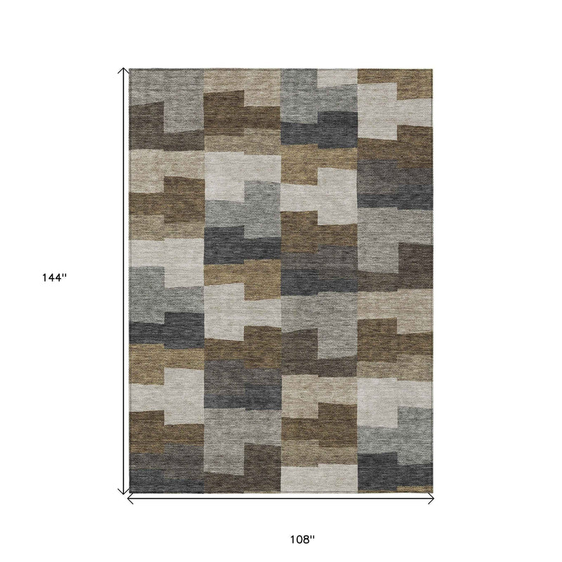 9' X 12' Brown Beige And Ivory Geometric Washable Indoor Outdoor Area Rug