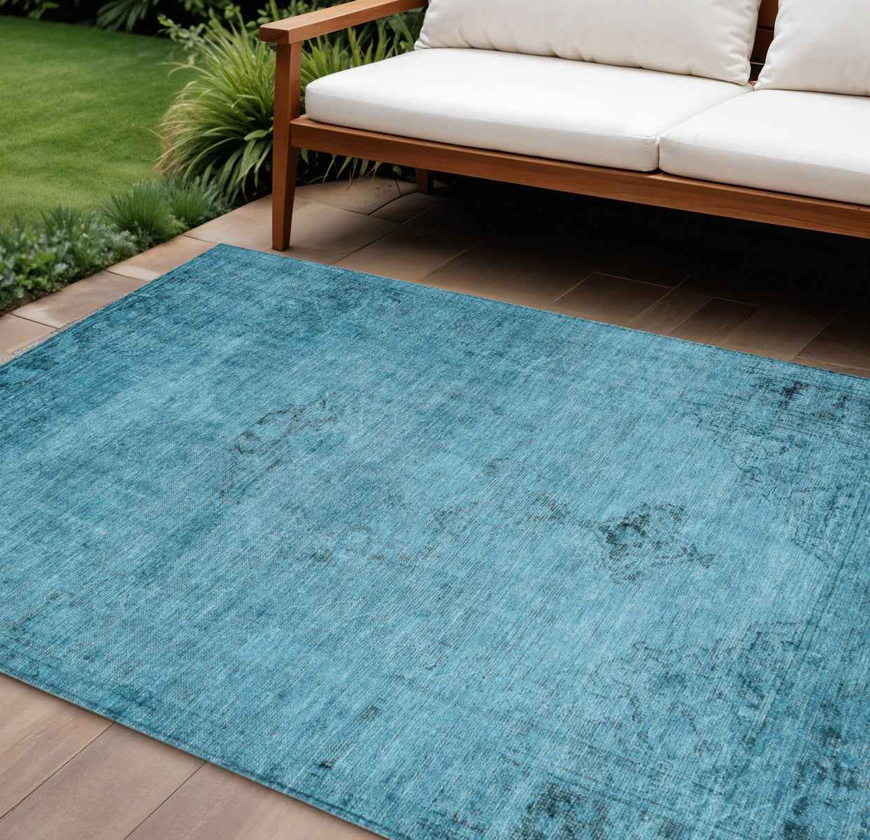 10' X 14' Denim Blue And Navy Blue Oriental Washable Indoor Outdoor Area Rug