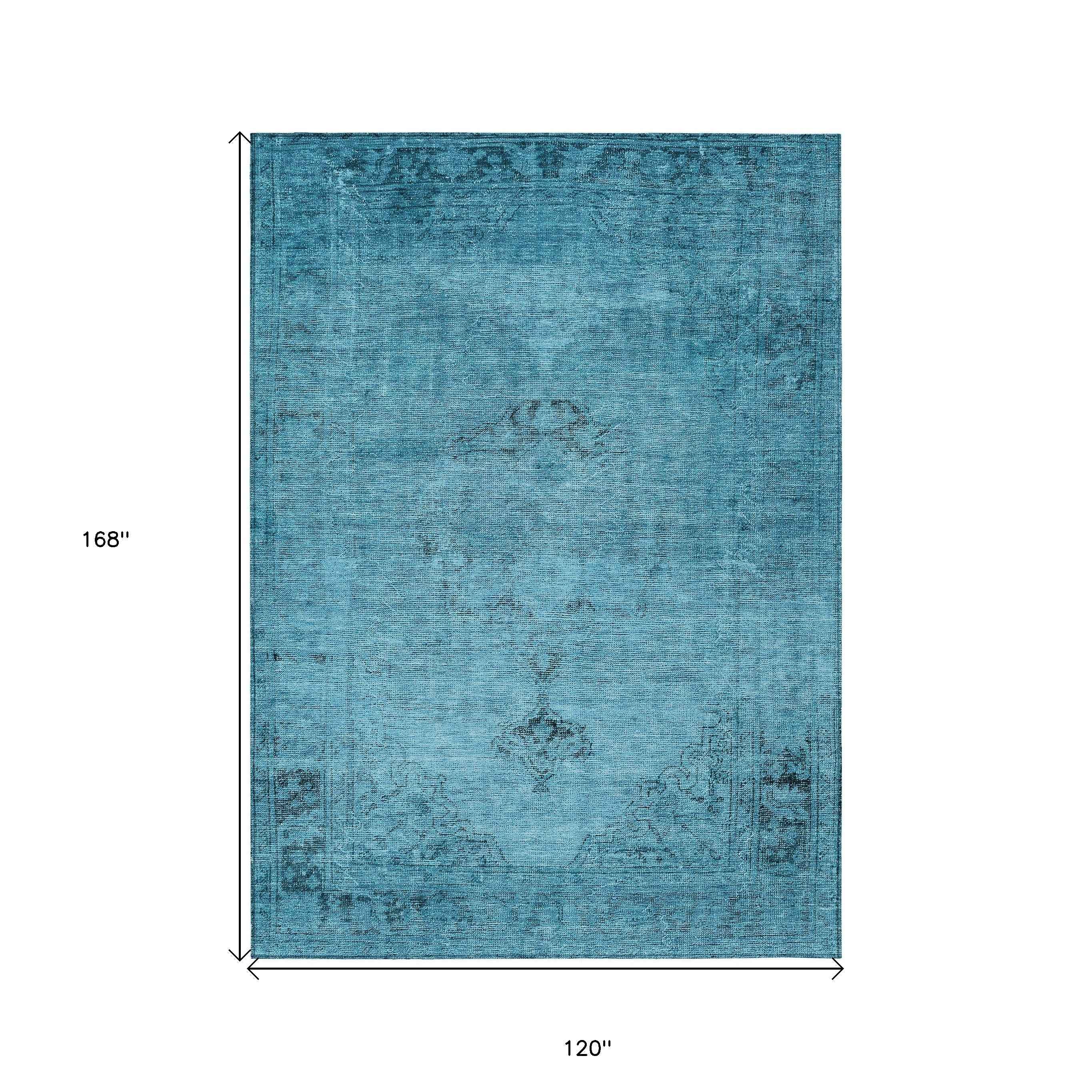 10' X 14' Denim Blue And Navy Blue Oriental Washable Indoor Outdoor Area Rug