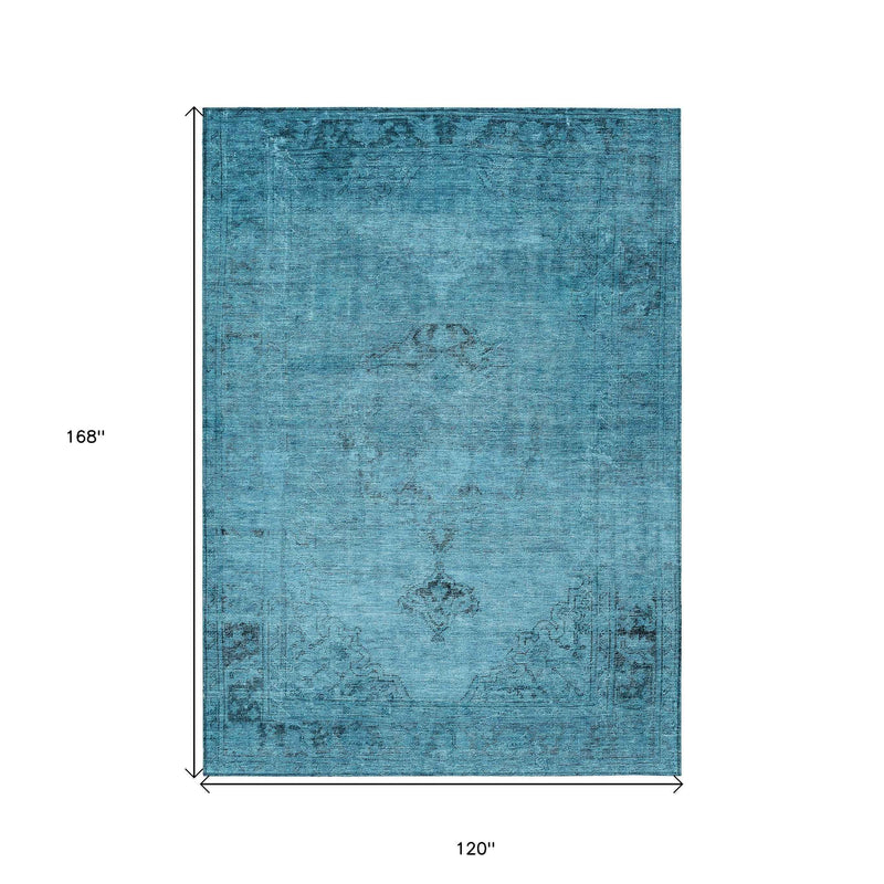10' X 14' Denim Blue And Navy Blue Oriental Washable Indoor Outdoor Area Rug
