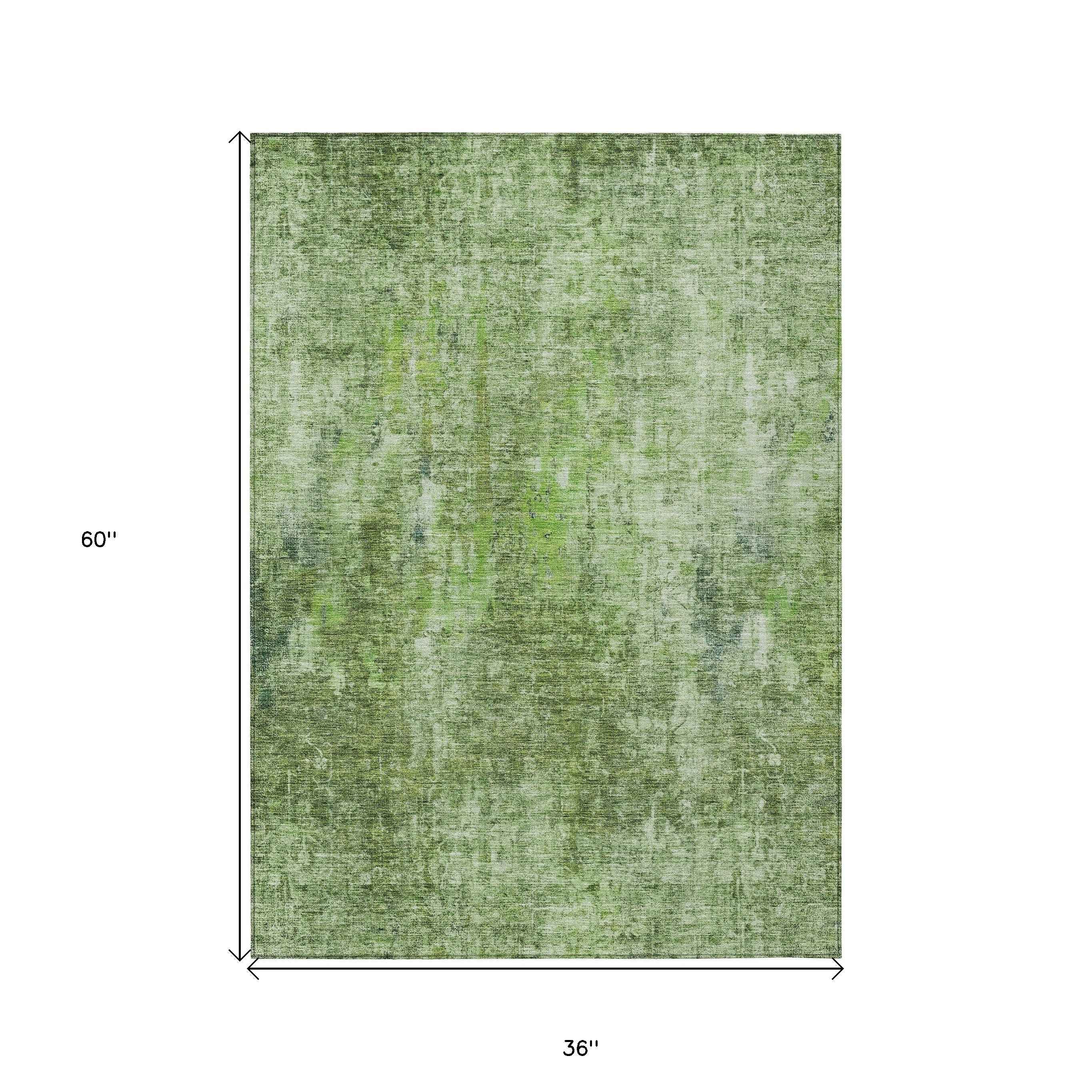 3' X 5' Olive Green And Artichoke Green Abstract Washable Indoor Outdoor Area Rug
