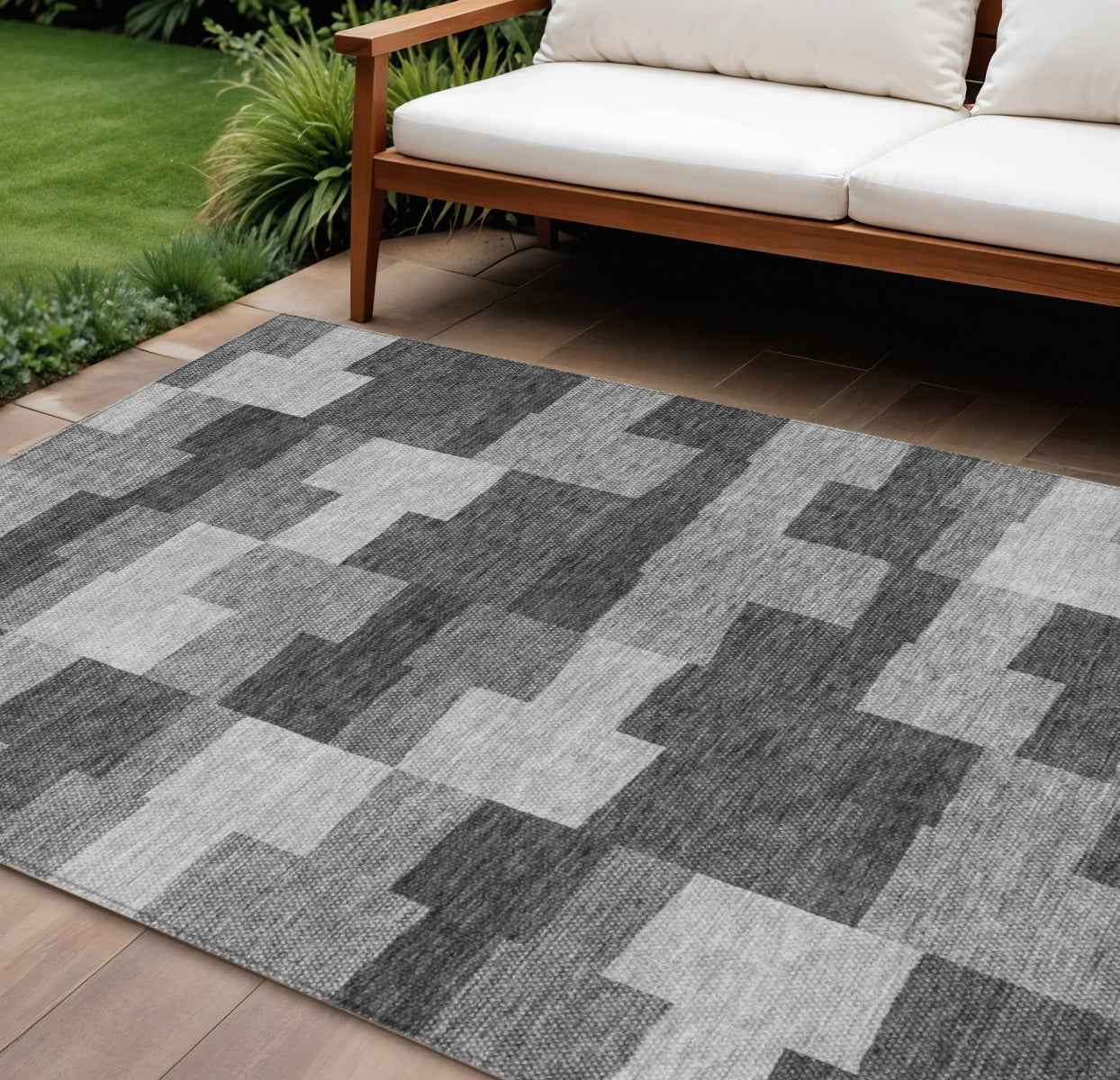 8' X 10' Gray Silver And Charcoal Geometric Washable Indoor Outdoor Area Rug