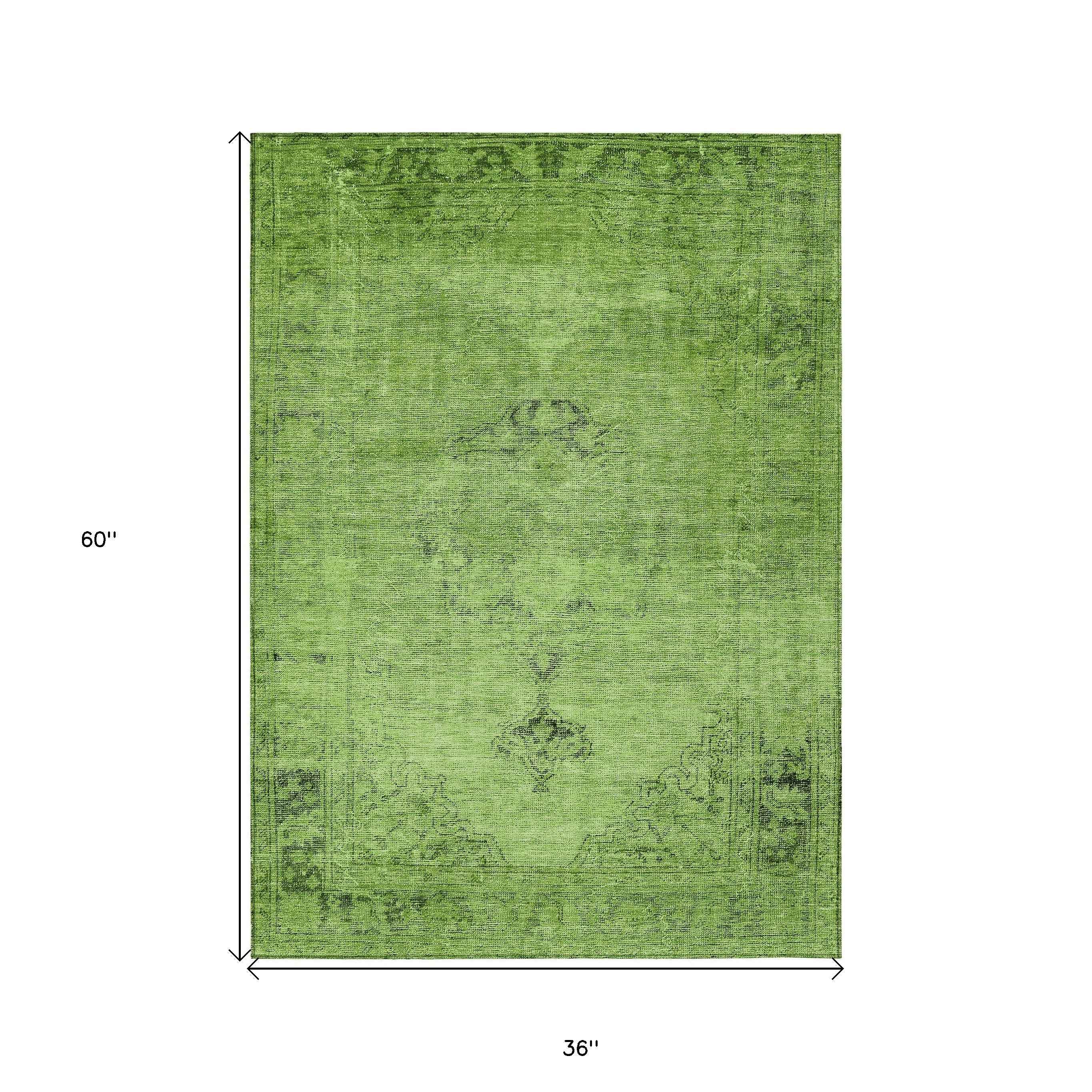 3' X 5' Green And Olive Green Oriental Washable Indoor Outdoor Area Rug