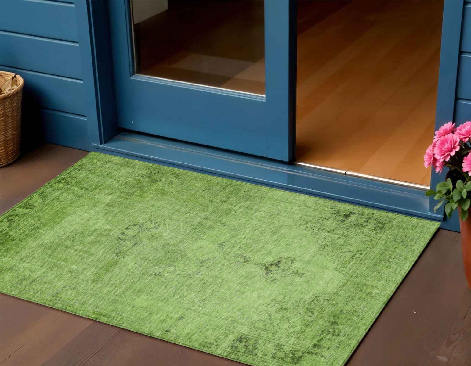 3' X 5' Green And Olive Green Oriental Washable Indoor Outdoor Area Rug