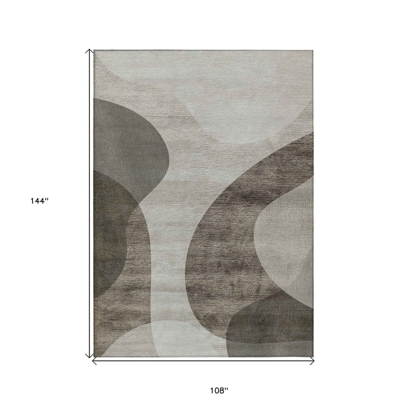 9' X 12' Taupe Beige And Chocolate Abstract Washable Indoor Outdoor Area Rug