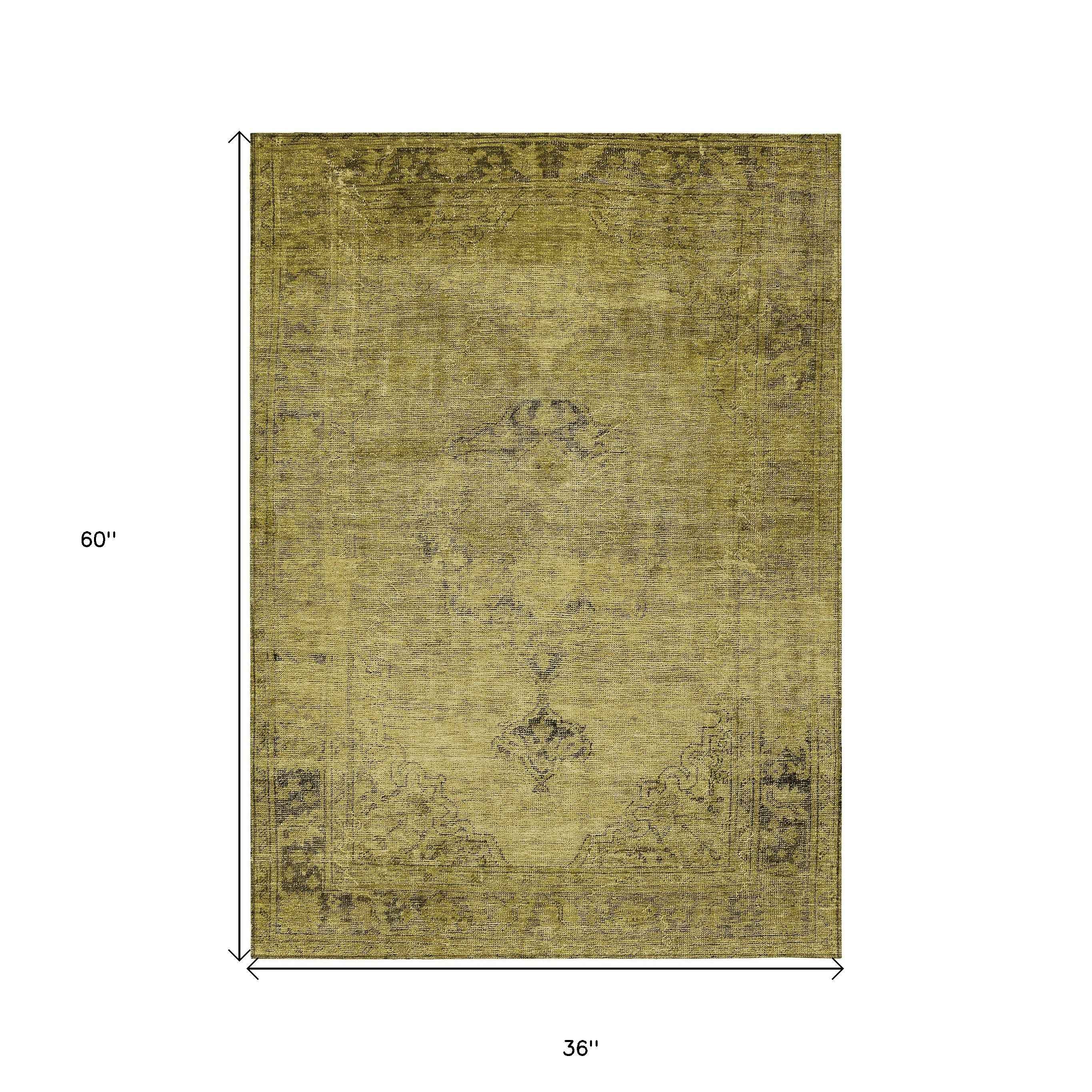 3' X 5' Gold Brown And Wheat Oriental Washable Indoor Outdoor Area Rug