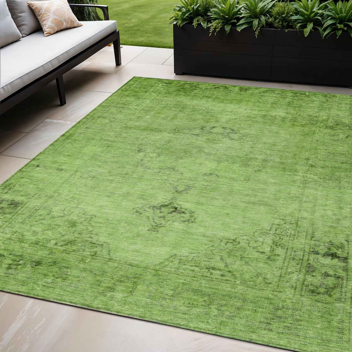 5' X 8' Green And Olive Green Oriental Washable Indoor Outdoor Area Rug