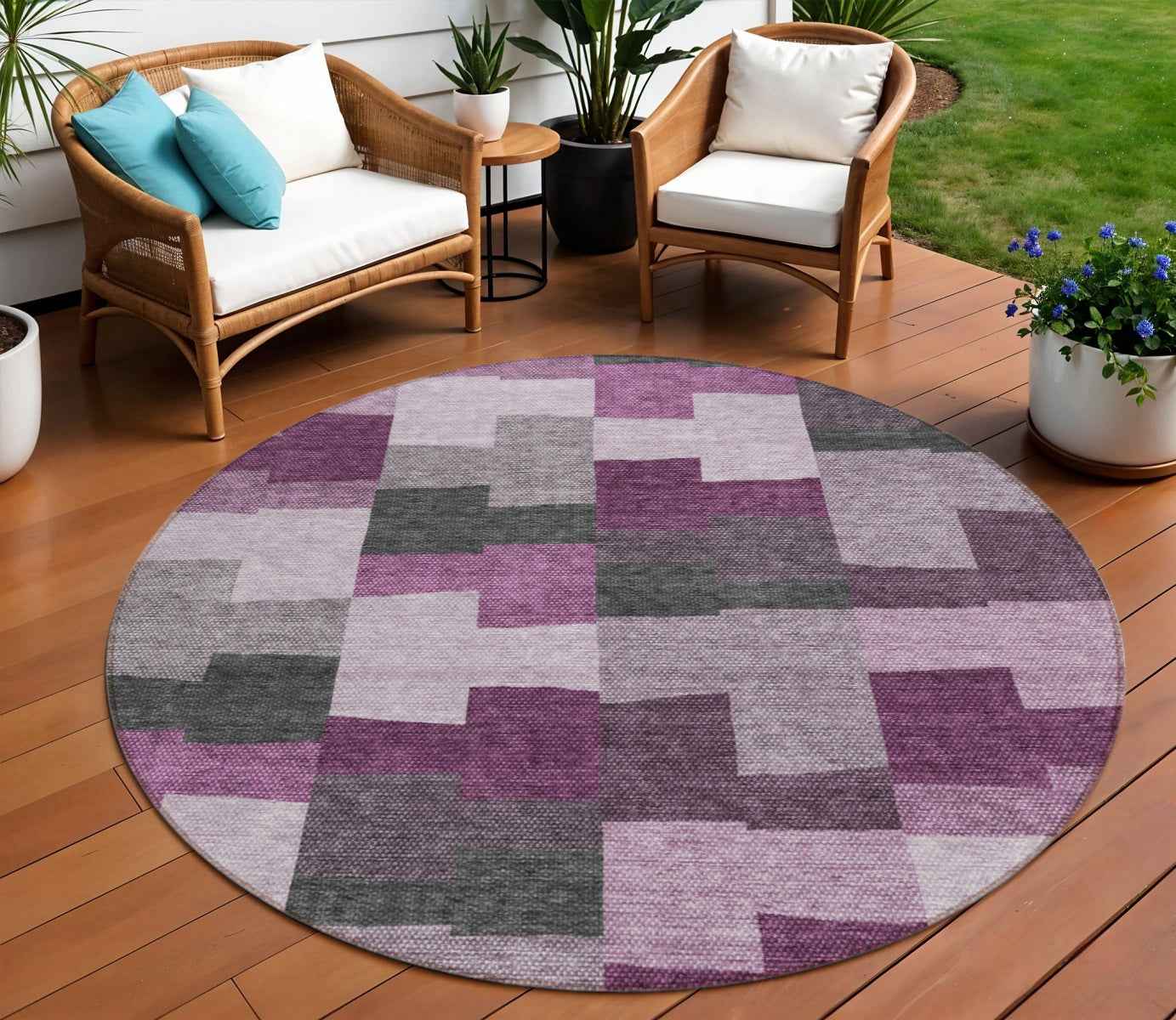 8' Merlot Mauve And Charcoal Round Geometric Washable Indoor Outdoor Area Rug