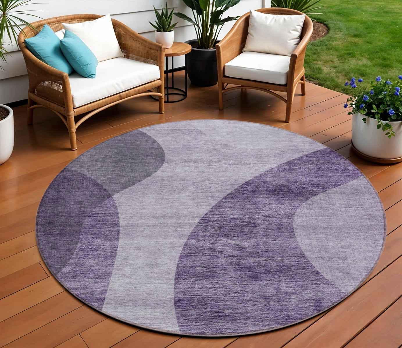 8' Purple Lavender And Eggplant Round Abstract Washable Indoor Outdoor Area Rug