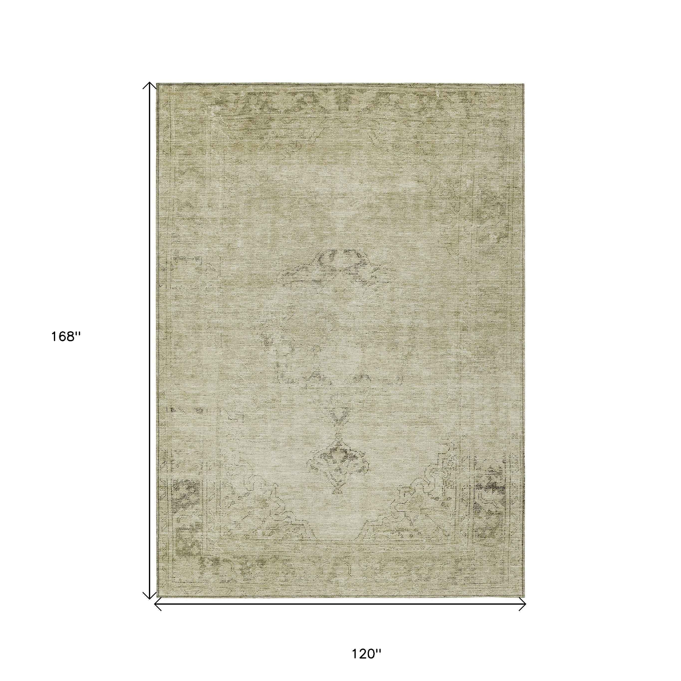 10' X 14' Beige Taupe And Brown Oriental Washable Indoor Outdoor Area Rug