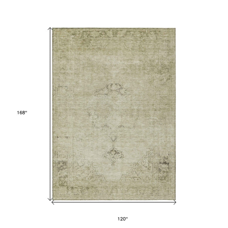 10' X 14' Beige Taupe And Brown Oriental Washable Indoor Outdoor Area Rug