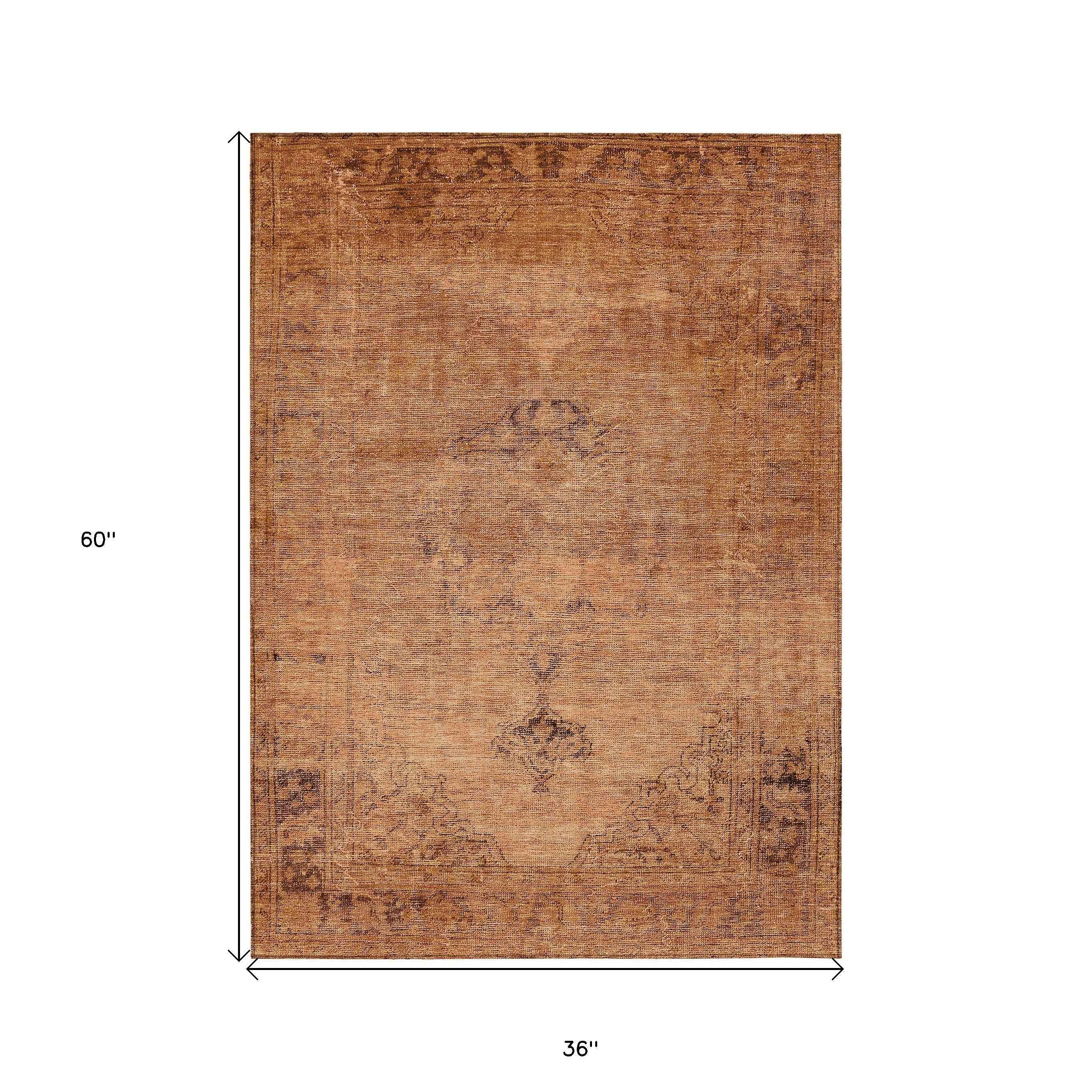 3' X 5' Copper Orange And Brown Oriental Washable Indoor Outdoor Area Rug