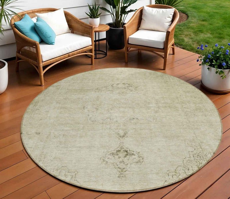 8' Beige Taupe And Brown Round Oriental Washable Indoor Outdoor Area Rug