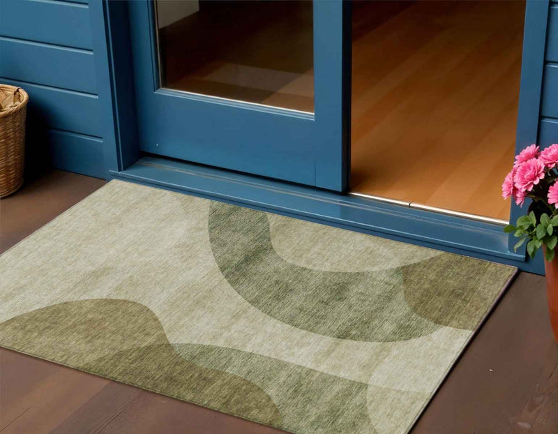 3' X 5' Beige And Chocolate Abstract Washable Indoor Outdoor Area Rug