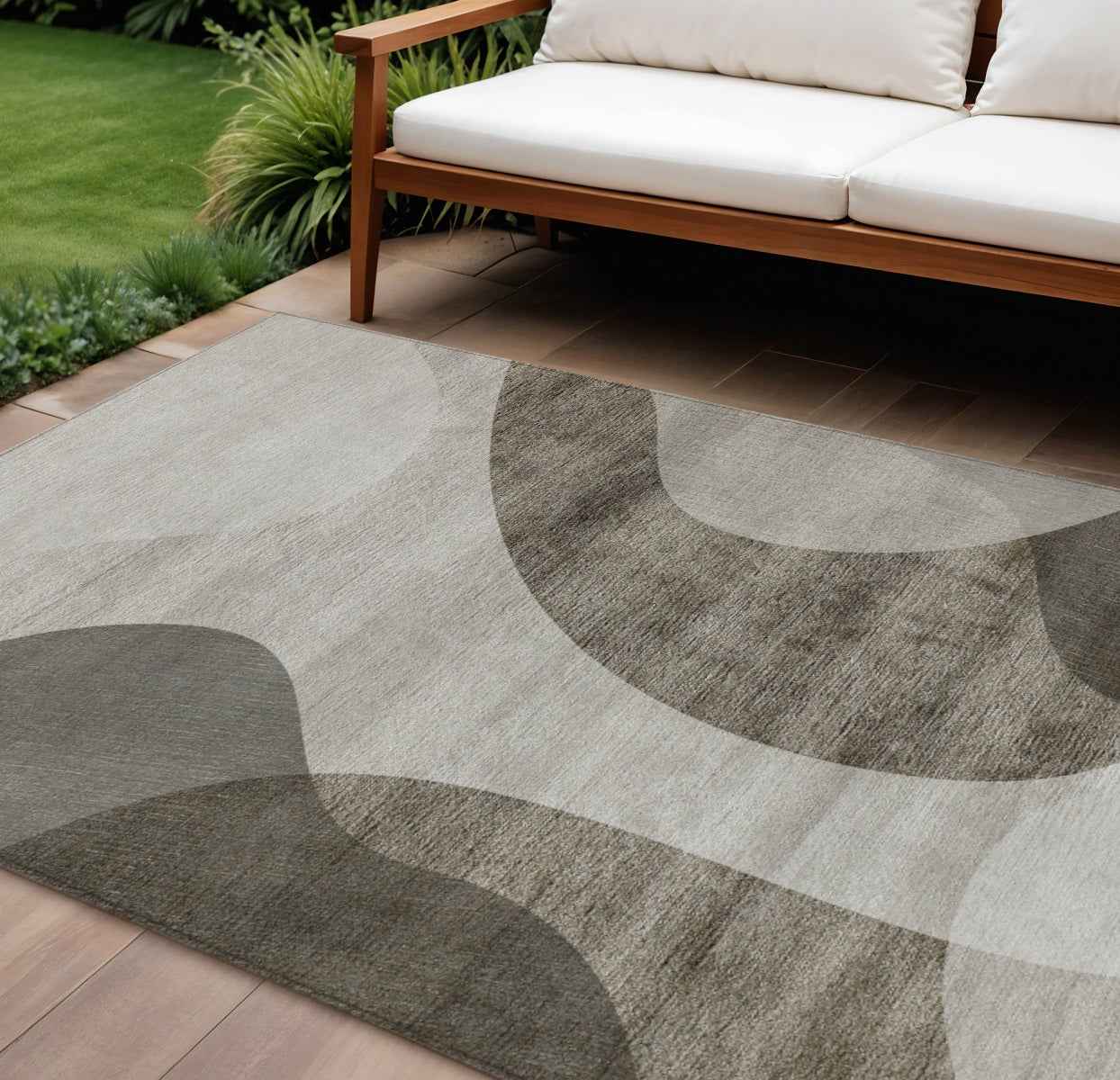 10' X 14' Taupe Beige And Chocolate Abstract Washable Indoor Outdoor Area Rug