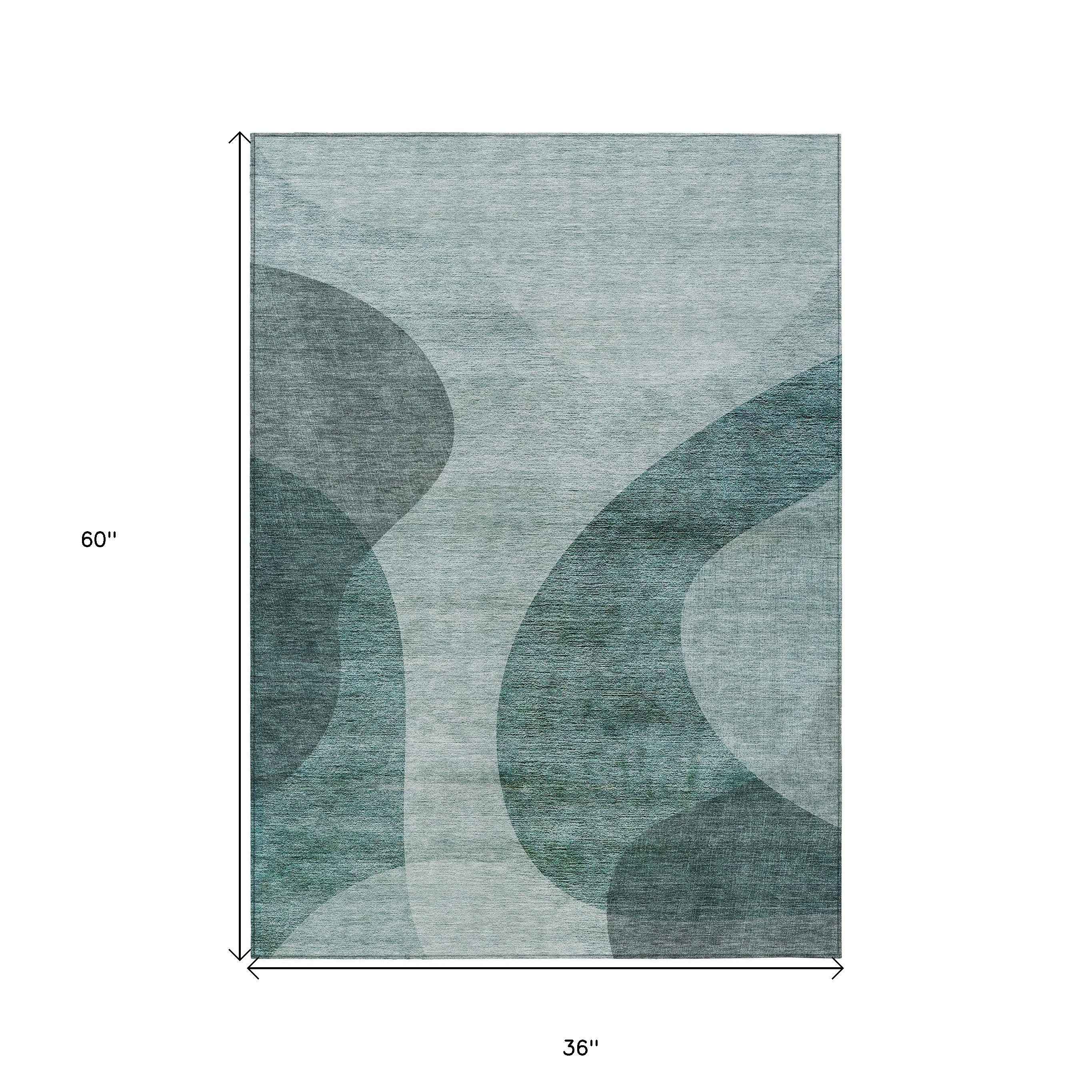 3' X 5' Green And Sage Abstract Washable Indoor Outdoor Area Rug
