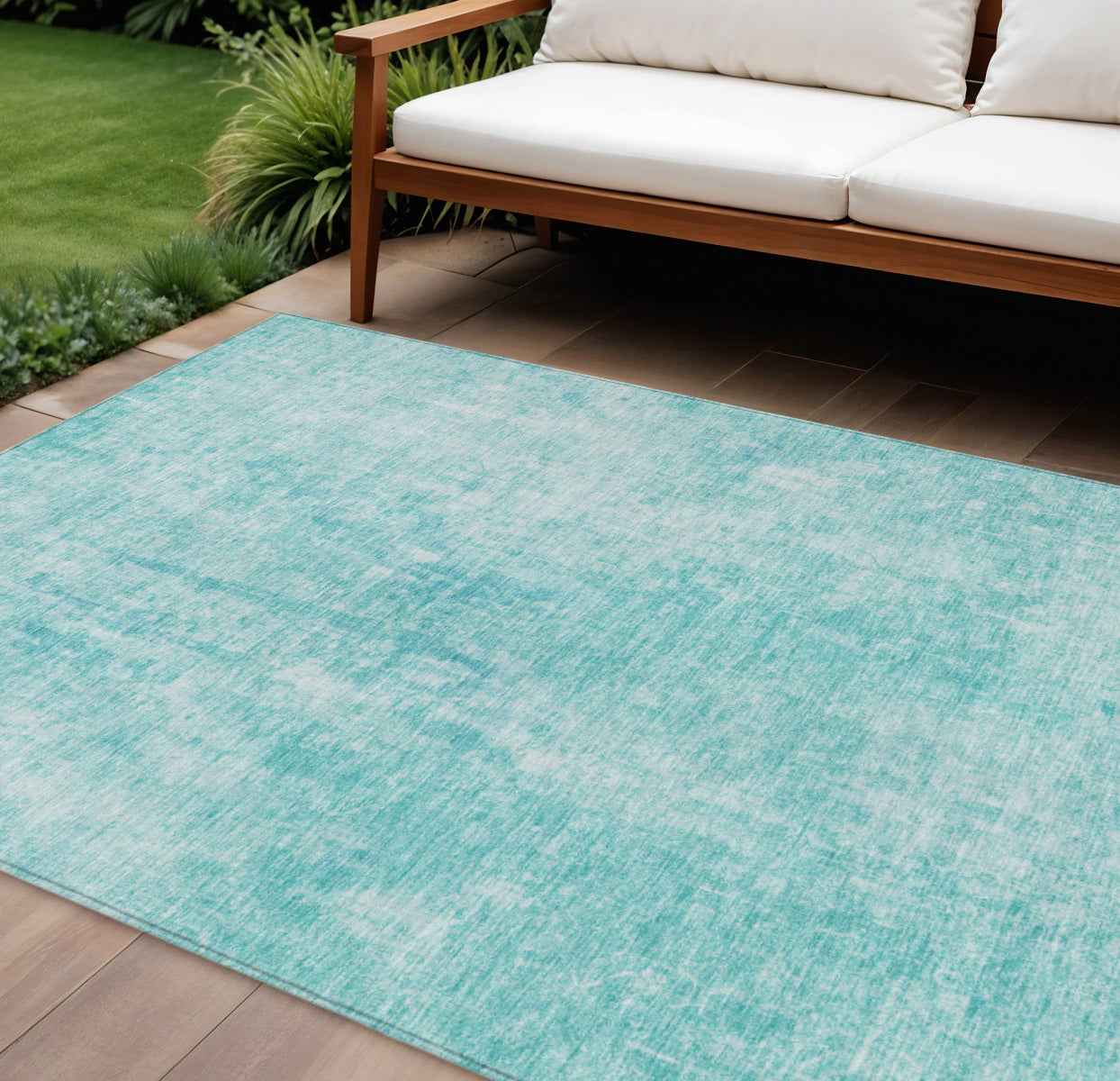 8' X 10' Teal Blue And Ivory Abstract Washable Indoor Outdoor Area Rug