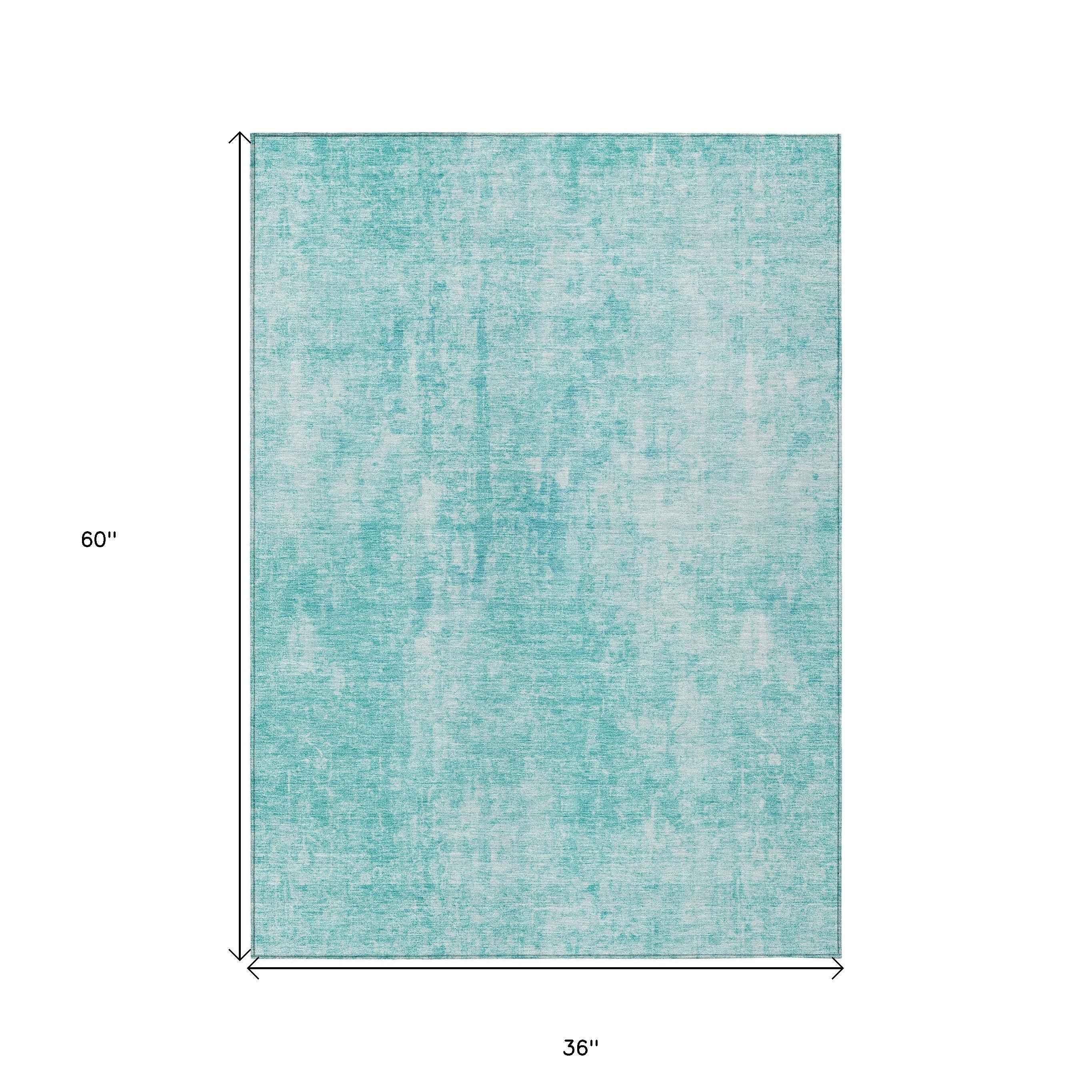 3' X 5' Teal Blue And Ivory Abstract Washable Indoor Outdoor Area Rug