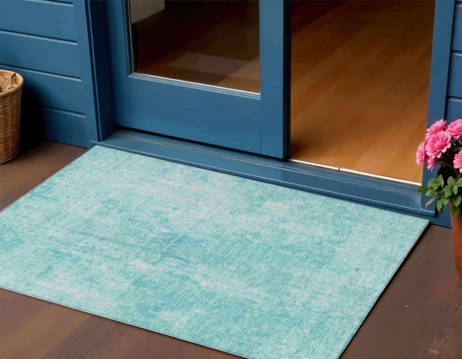 3' X 5' Teal Blue And Ivory Abstract Washable Indoor Outdoor Area Rug