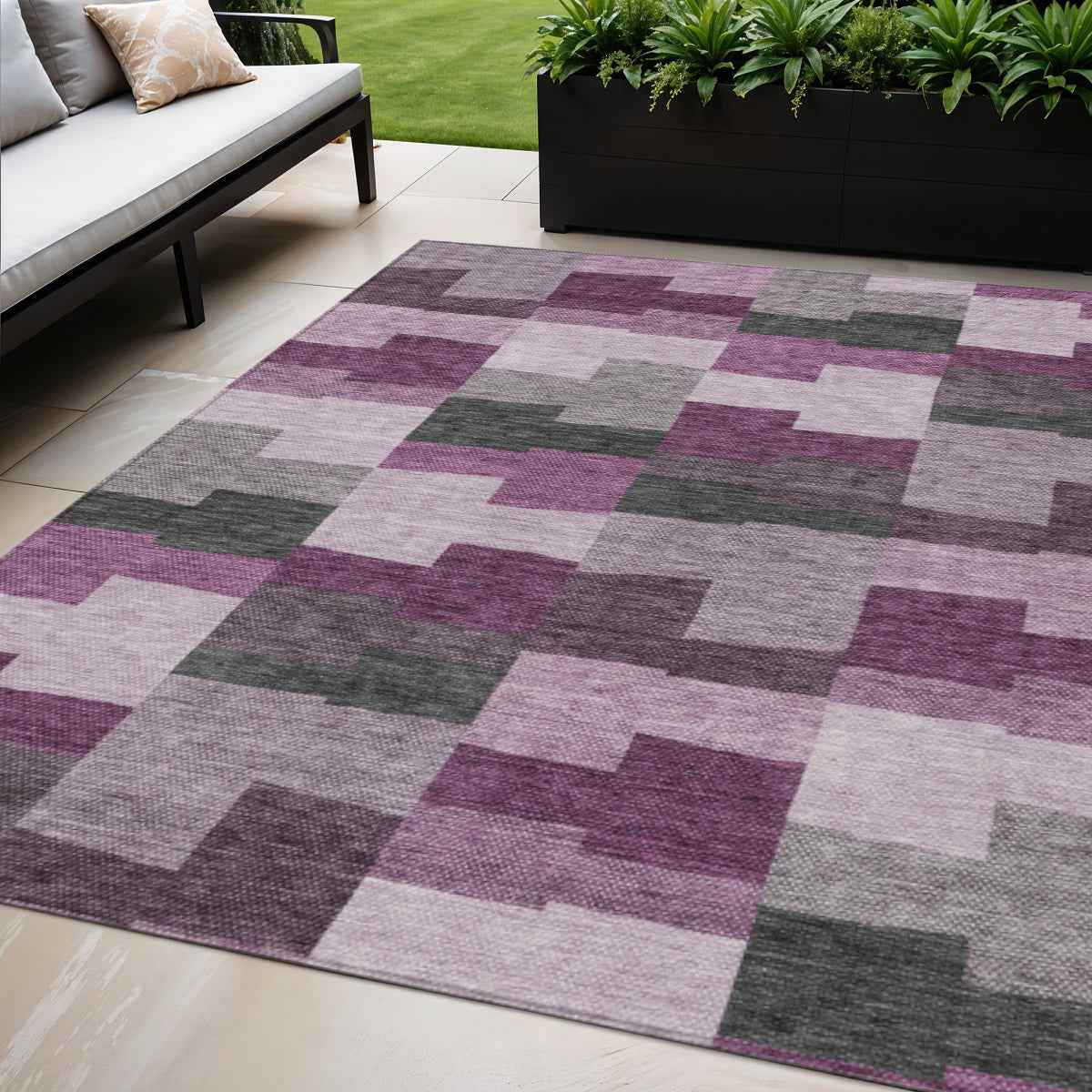 5' X 8' Merlot Mauve And Charcoal Geometric Washable Indoor Outdoor Area Rug