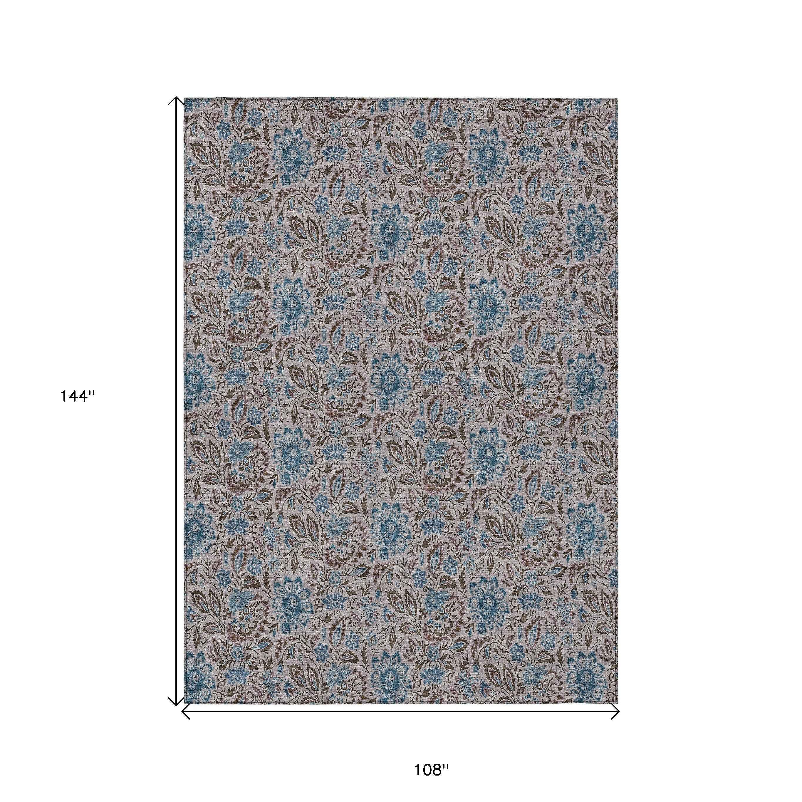 9' X 12' Brown And Blue Floral Washable Indoor Outdoor Area Rug