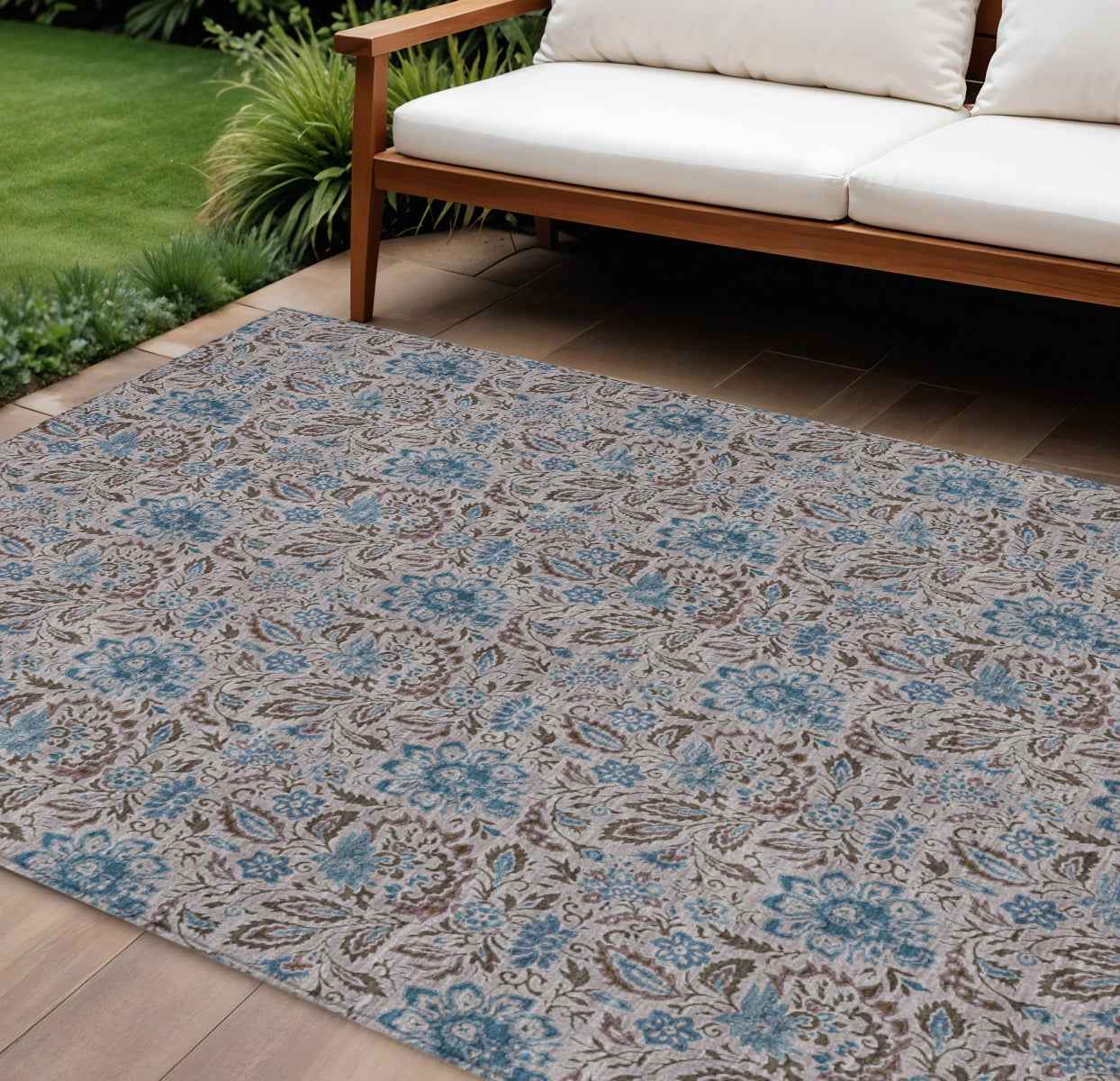 9' X 12' Brown And Blue Floral Washable Indoor Outdoor Area Rug