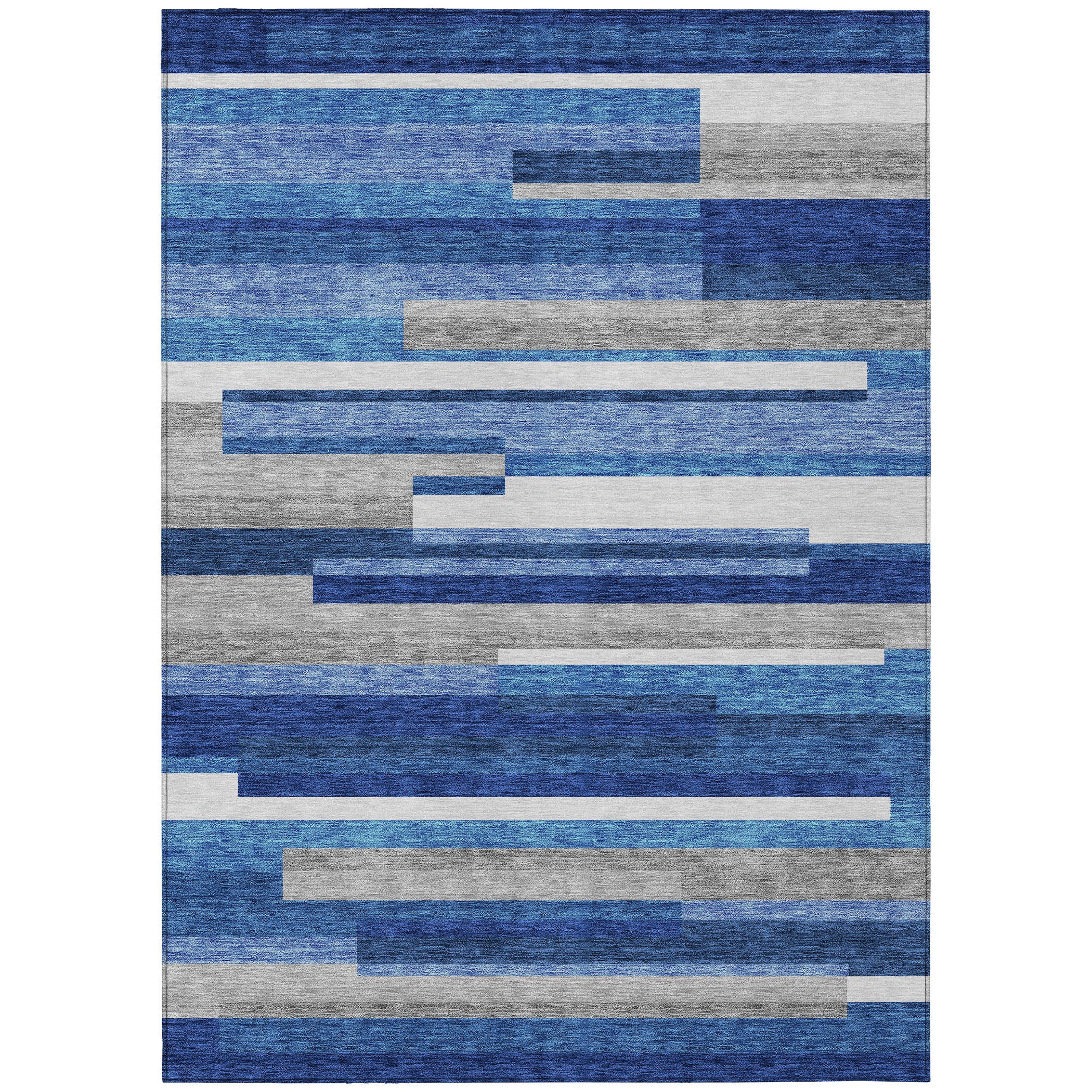 10' X 14' Navy Blue And Denim Blue Striped Washable Indoor Outdoor Area Rug - Outdoor