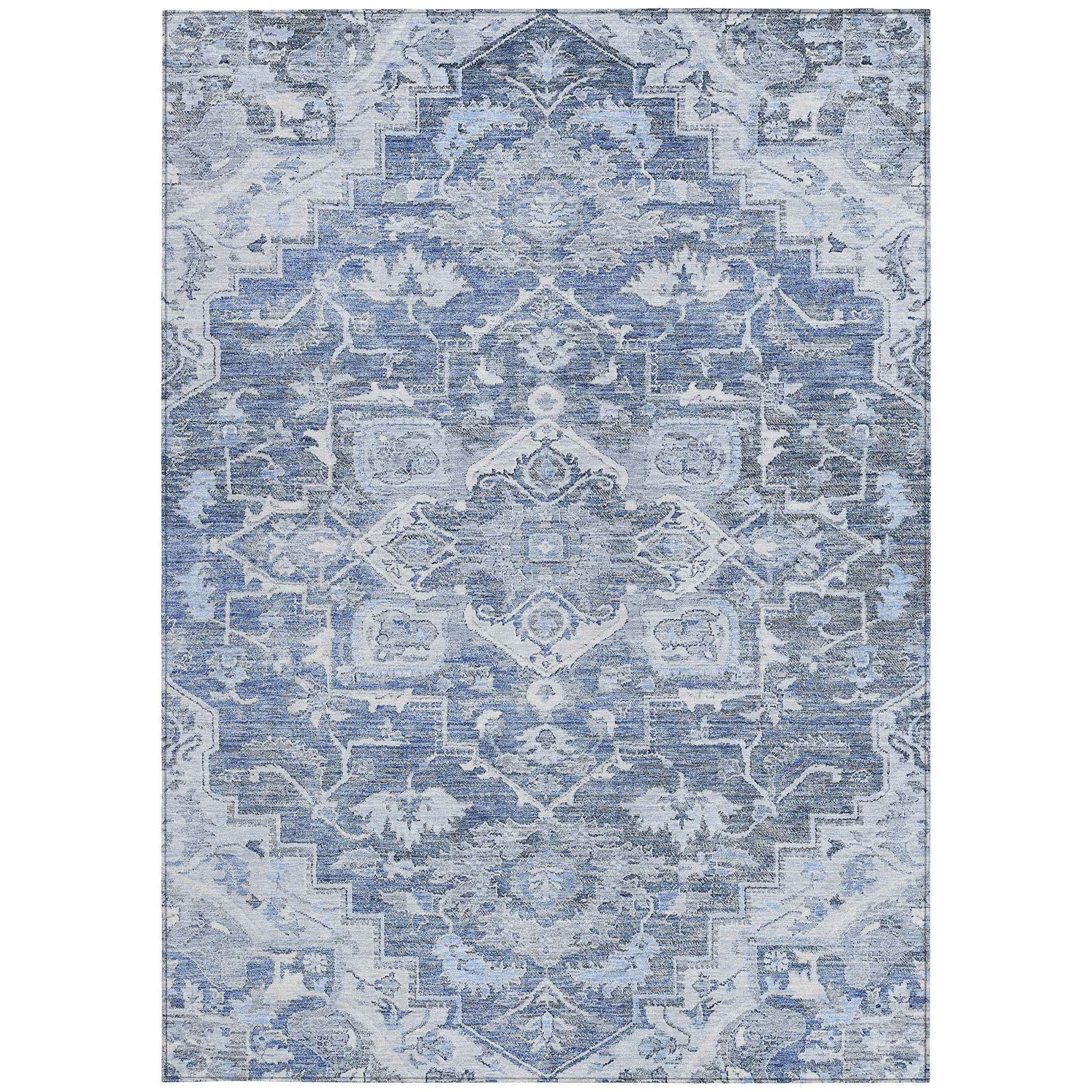 8' X 10' Denim Blue And Sky Blue Oriental Washable Indoor Outdoor Area Rug