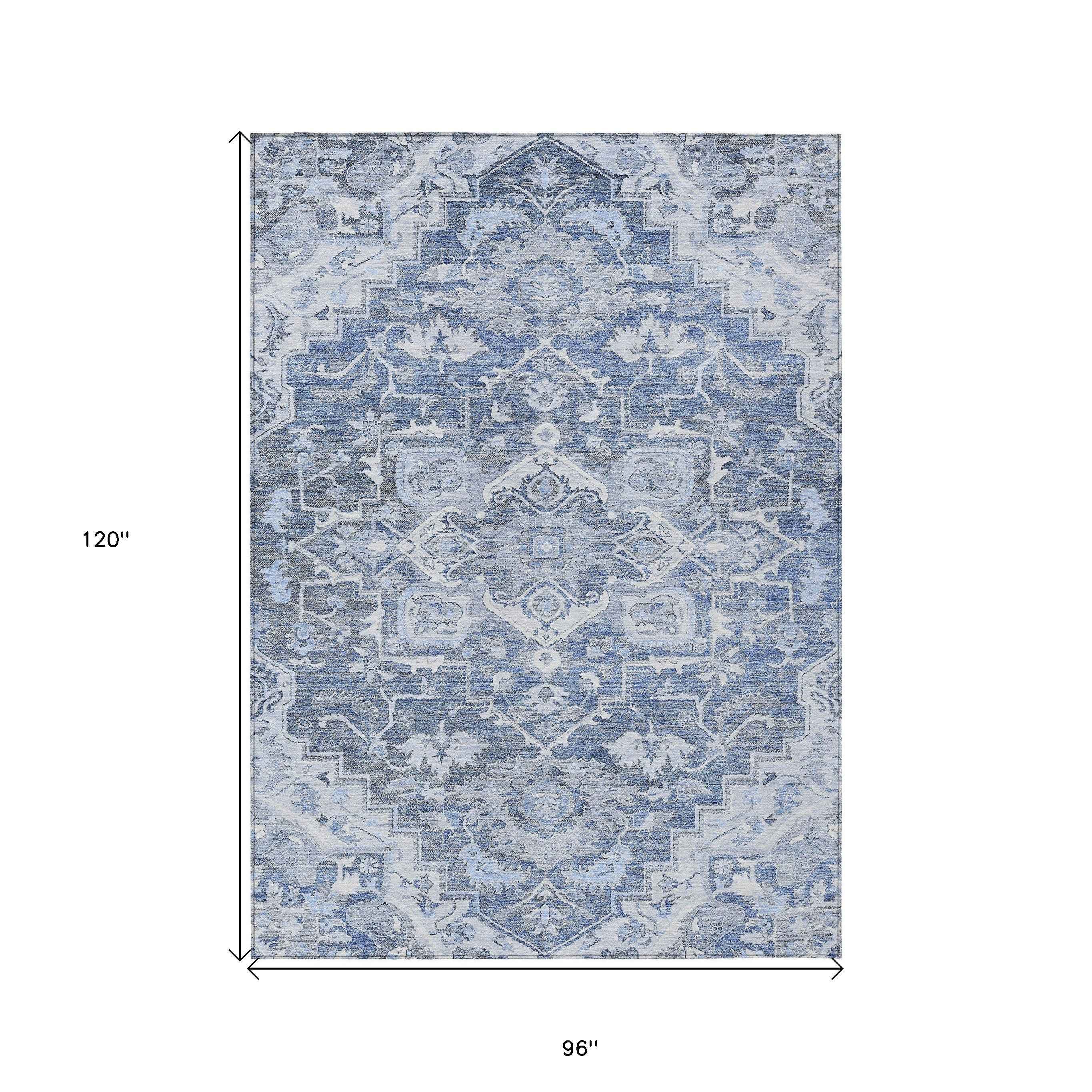 8' X 10' Denim Blue And Sky Blue Oriental Washable Indoor Outdoor Area Rug